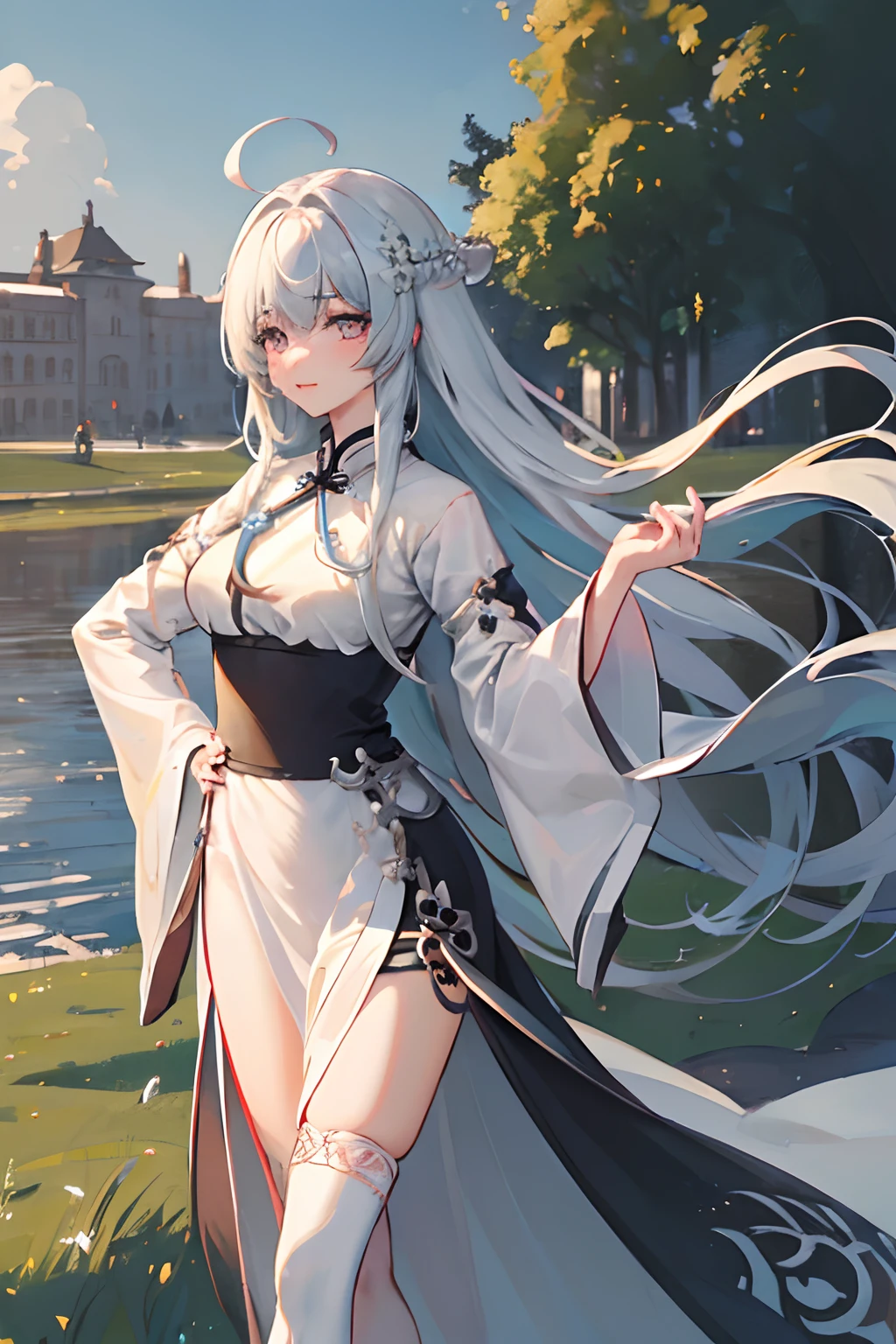 (Meisterwerk:1.5),(best quality:1.5),(Ultra-detailliert:1.5),Illustration,Cowboy erschossen,1girls,nur,(buildings),Perfektes Gesicht,shinny skin,Lange Haare,beautiful detailed eyes,beautiful flowing hair,(ru_qun:1.5),(Hanfu:1.5),Chinesische Kleidung, whitedress,white thighhighs, (bloom),Beleuchtung, raytracing,al fresco,  Gebirge, Natur,Haarschmuck, Haarband,hand on hip,Blick auf den Betrachter,ahoge,big boobs, (Deep Depth Of Field:1.5),Haarschmuck, Wald,Barefoot sandals