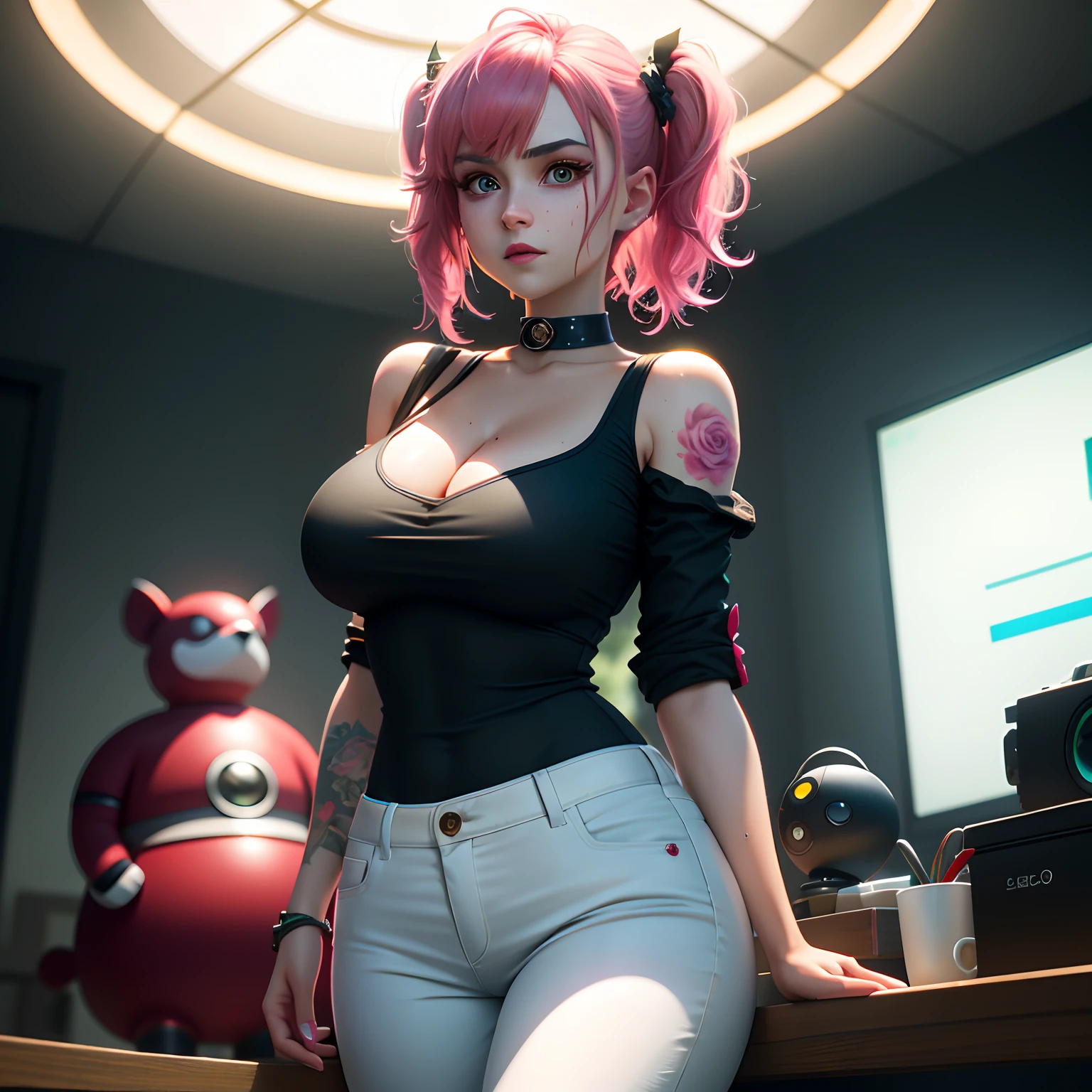 (Best Quality), (Masterpiece), (Detail: 1.4), 3D, High Detail RAW Color Photo, Hyper-Realism, Digital Painting, Wide Angle Lens, Panorama, (Lens Vire: 0.5), (Flare: 0.5), Portrait, (High Detail, Fine Detail, Intricate), Harley Quinn, Madness, Neuroticism, Laughter, Blood, Pink Neat Short Hair, Ray Tracing, NVIDIA RTX, Super-Resolution, Unreal 5, Subsurface scattering, PBR textures, post-processing, anisotropic filtering, depth of field, maximum sharpness and sharpness, multi-layer textures, albedo and highlight maps, surface shading, accurate simulation of light-material interactions, perfect proportions, Octane Render, two-color light, large aperture, low ISO, white balance, rule of thirds, 8K RAW, feminine figure, pink eyes, cute, sweet, toy, huge, sweaty, V-neck, white half sleeves, black jeans, Tattoo of a rose on the arm, bright colors, romanticism, atmospheric, rainy day, standing posture,