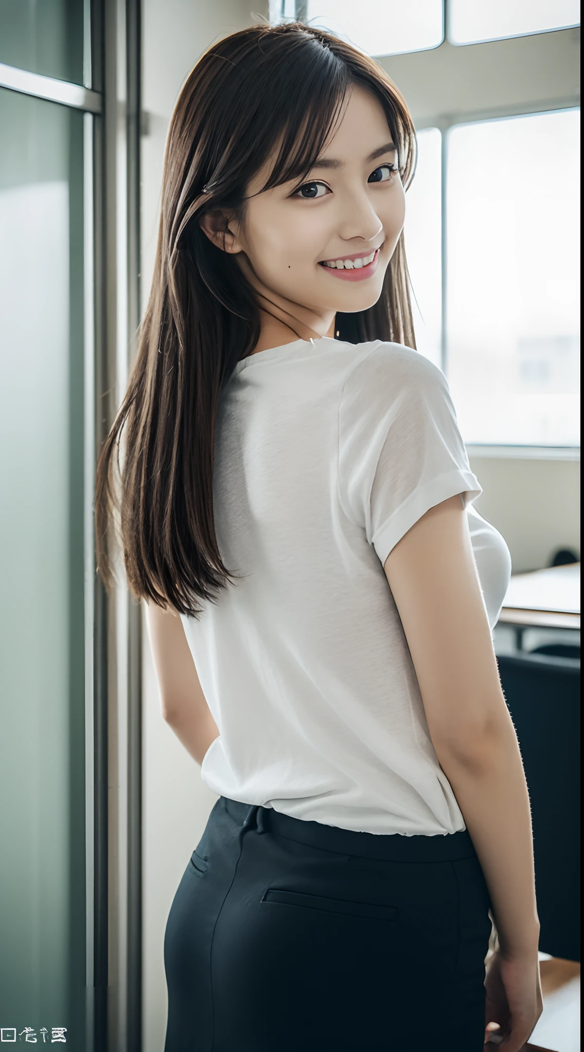 masutepiece, Best Quality, 超A high resolution,(photographrealistic:1.4) (depth of fields),(Lens Glow) ,  Bottom White T-Shirt Bottom Jacket:1.5、Inside the office:1.5、a Pretty Japanese woman:1.5、officeworker、Sexy buttocks:1.5、smil、(skiny:1.5)、