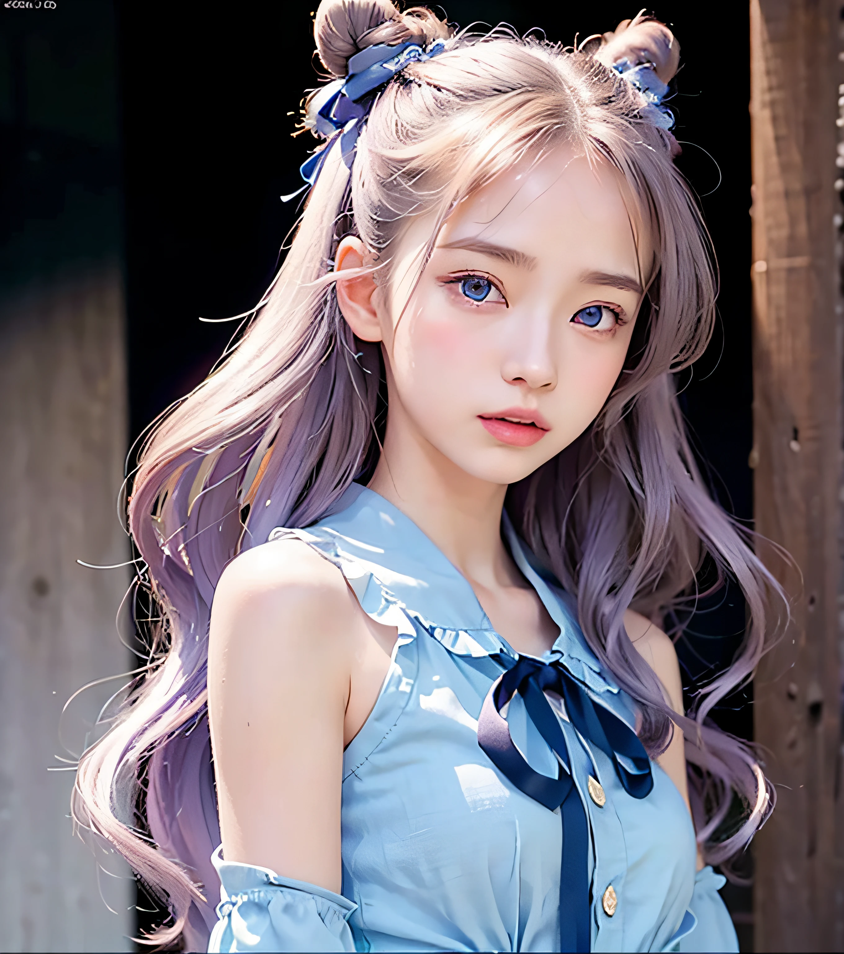 masterpiece, photorealistic, 1girl, blue detailed eyes, small nose, light blue shirt, dark blue ribbon, bright purple long hair, 2 buns, large boobs, beautiful, innocent