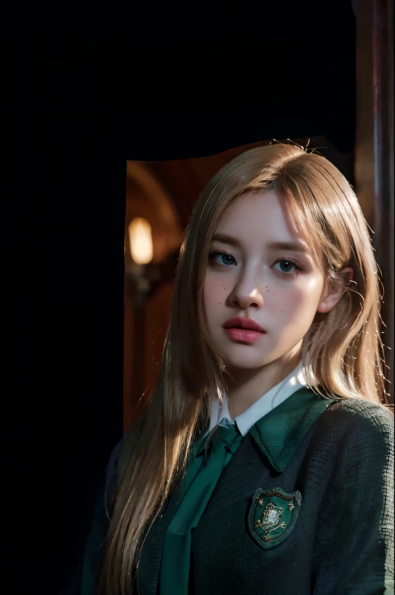 (best quality,4k,8k,highres,masterpiece:1.2),ultra-detailed,(realistic,photorealistic,photo-realistic:1.37), in the Hogwarts school, wearing Hogwarts uniform school, Slytherin,beautiful detailed eyes, beautiful detailed lips, extremely detailed eyes and face, blonde hair, class in the background, ethernal, beautiful detailed face