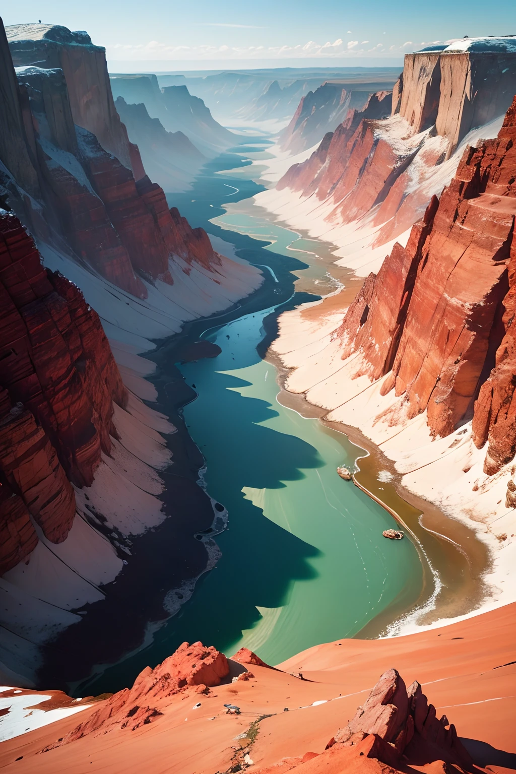 an animal half water and half lion, red in color, flying in a
mountain ranges, seen from above and from afar