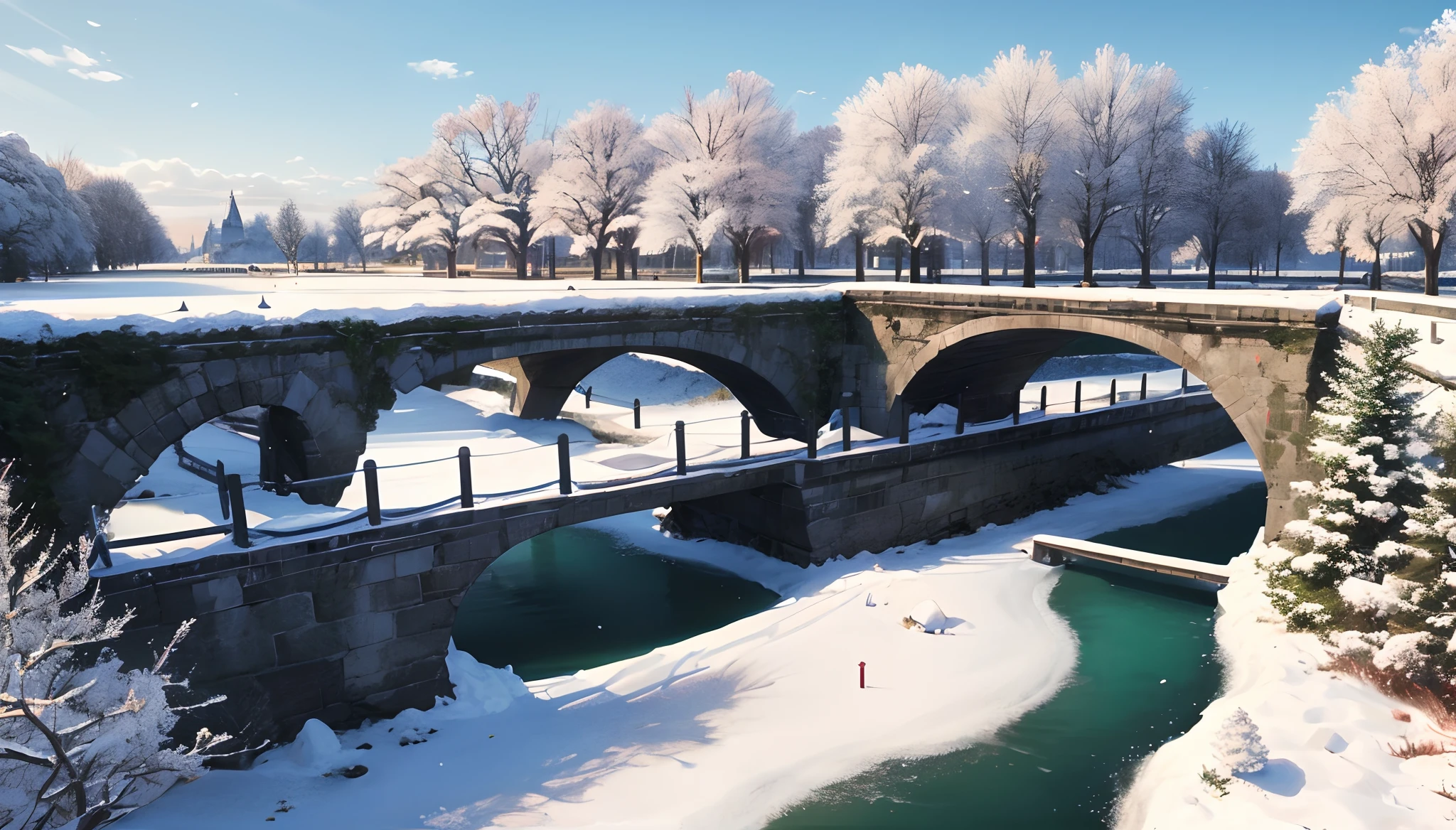 bridge crossing the river.
  landscape with green trees covered in snow poppies around the dark blue river cutting through the city, contrasting with the white snow.  The bridge, all white and with details on the sides 3D disney cinema