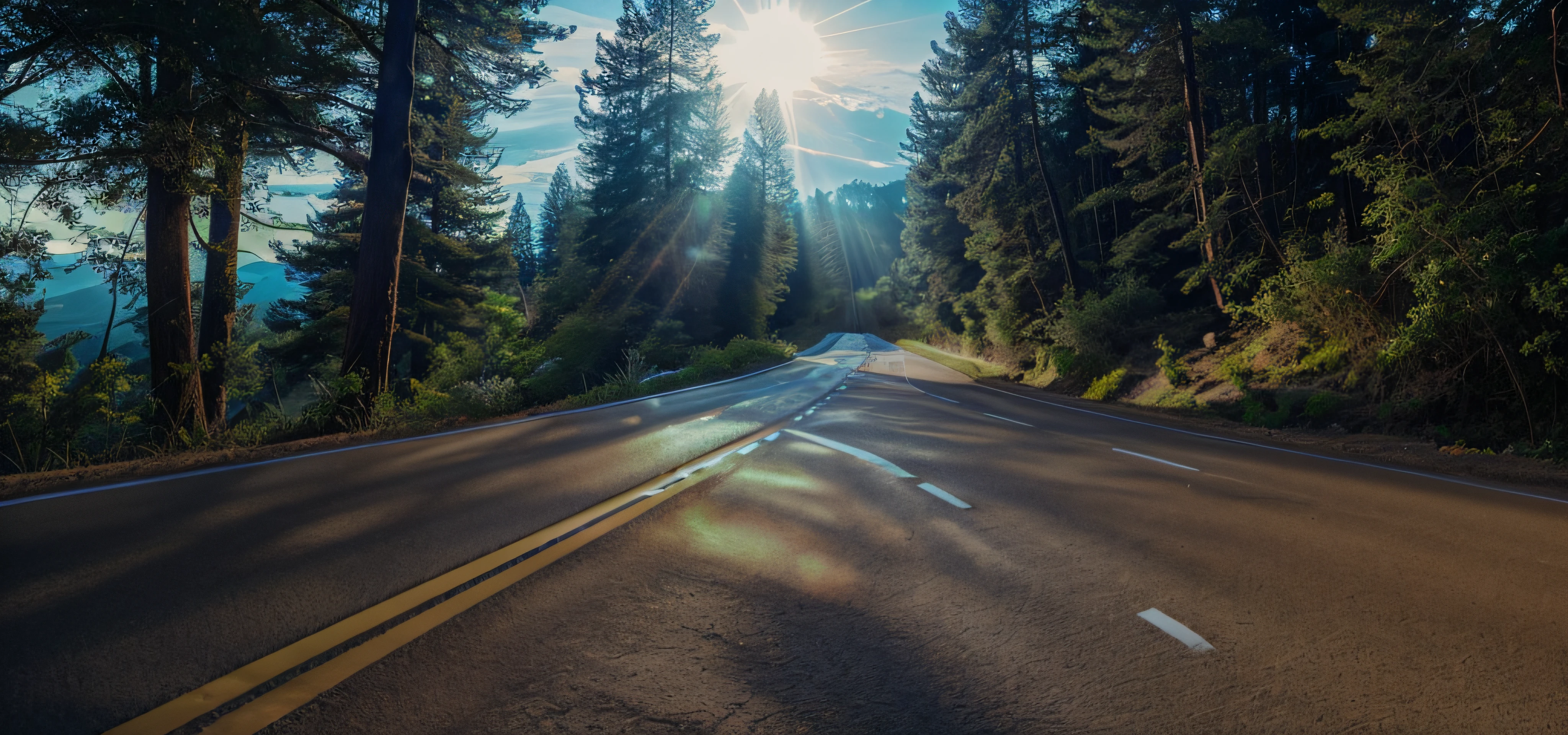 Image of a long and winding road,Bright light leading to the horizon,bright morning,suns rays, one lane highway,