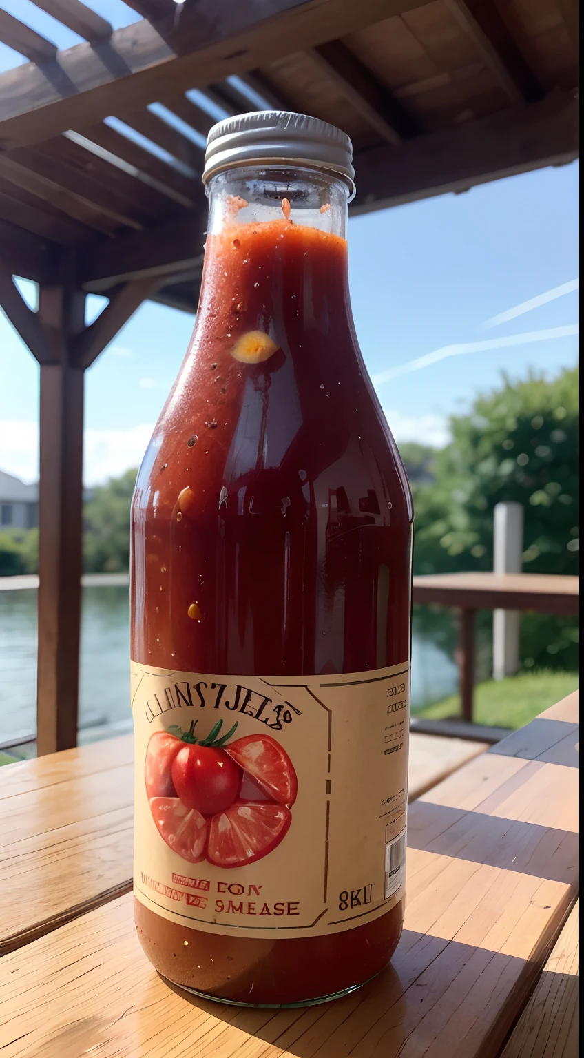 Description: Generate a photorealistic 8K image of an elegant Malay girl in a hijab, holding a glass bottle of tomato juice outdoors.

Specifics: Emphasize the interplay of natural light and shadows on her face and the bottle. Showcase intricate details like the texture of the hijab and the condensation on the glass bottle. Ensure that the "Tomato Juice" label on the bottle is clearly visible.