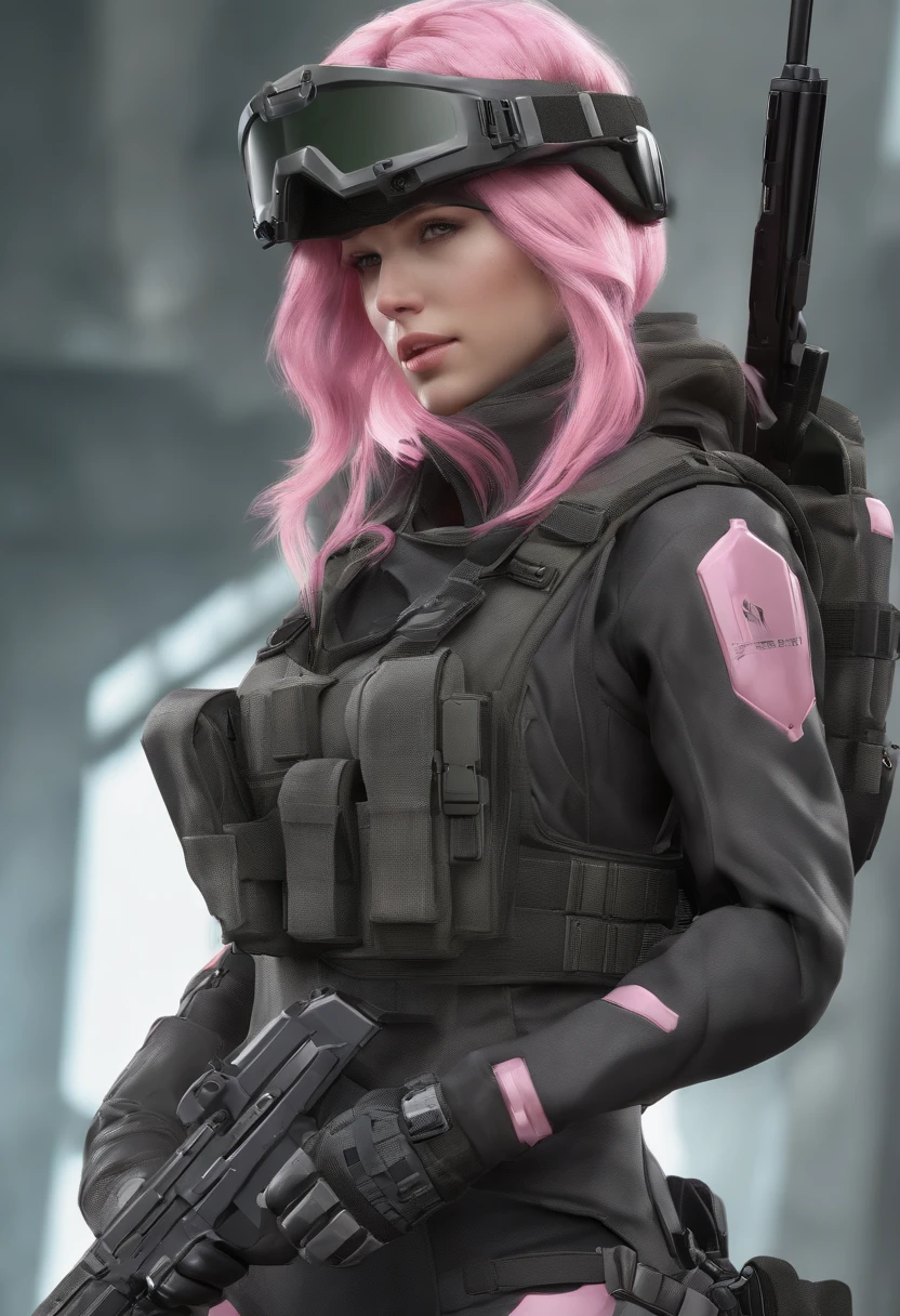style of metal gear solid, (detailed intricate full cover tactical helmet:1.3), (pink hair), cowboy shot, dynamic pose, 1girl, solo, ray tracing, (masterpiece), (best quality), (detailed), (detailed tactical gear:1.1), (body armor:1.1), combat pants, gloves, (intricate background:1.1),