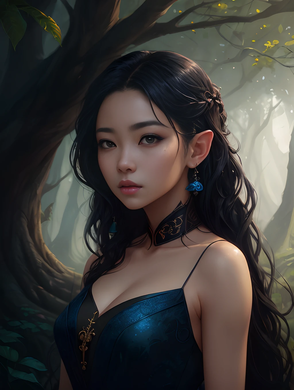 portrait of beautiful girl, smooth soft skin, soft lighting, detailed face , tree body elves moster, ceter WLOP, character concept art, by Charlie Bowater, Ross Tran and Johan Gonzalez, 4k post-processing highly detailed, Octane render artstation trending, 8k Trending on artstation, cute,japanese、Black long hair、Black eye、Blue dress
