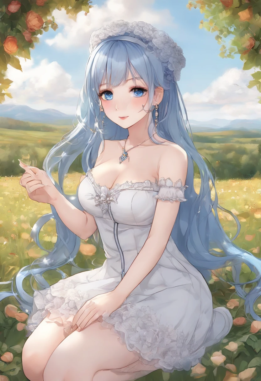 ((masterpiece)), ((best quality)), (ultra-detailed), ((kawaii)), cute, (lovely), ((sexy)), (ero), ((extremely detailed)), 4K, (8K), best quality, (beautiful), illustration, anime style, pencil drawing, watercolor pencil, dynamic angle, focus on the face, green meadow, rose, forest, beautiful sky, daytime, autumn, a cute girl, 1girl, solo, gothic lolita costume, beautiful blue hair, beautiful blue eyes, ((beautiful eyes)), light brown-skinned, long hair, ponytail, mesh, buttocks, flat breast, tiny breast, large breast, wearing underpants, garter belt, slim, slender, earrings, necklace, tattoo, blush, ahegao, sparkling effect, lotion, shiny, latex