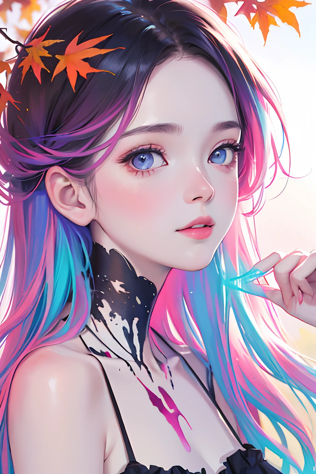 (8K, Best Quality, masutepiece:1.2),(Best Quality:1.0), (超A high resolution:1.0), watercolor paiting, Beautuful Women, Shoulder, tress ribbon, Authors:agnes cecile, half-body portrait, extremely luminous bright design, Pastel colors, (inky:1.3), autumn lights,