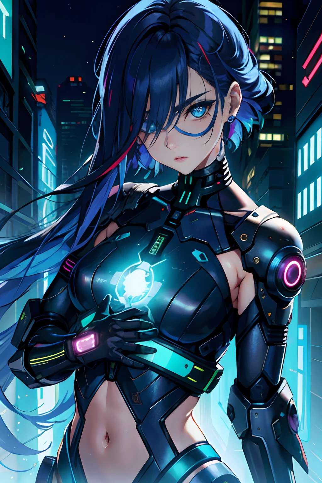 Cyberpunk, exoesqueleto, emite uma luz azul forte na cavidade do peito, garota, cabelos longos e vermelhos, olhos luminosos