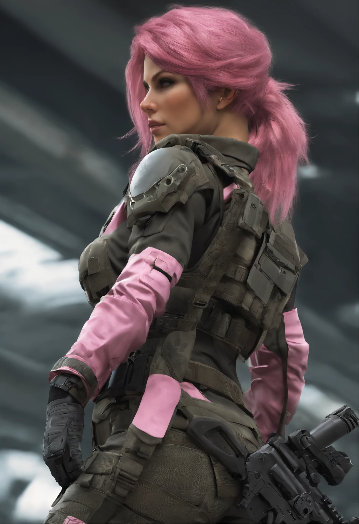 style of metal gear solid, (detailed intricate full cover tactical helmet:1.3), (pink hair), cowboy shot, dynamic pose, 1girl, solo, ray tracing, (masterpiece), (best quality), (detailed), (detailed tactical gear:1.1), (body armor:1.1), combat pants, gloves, (intricate background:1.1),
