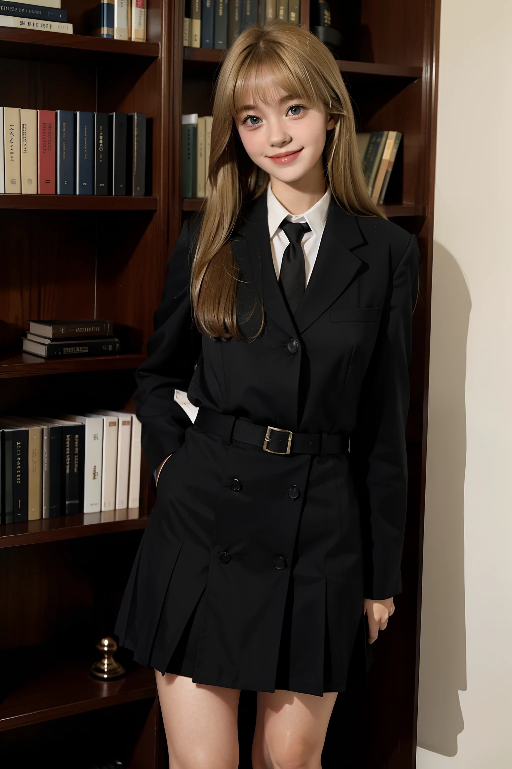 1 girl, standing in front of bookshelf, blonde hair, hazel eyes, 16 y.o, uniform, smile, long hair with bangs, Japan school uniform,