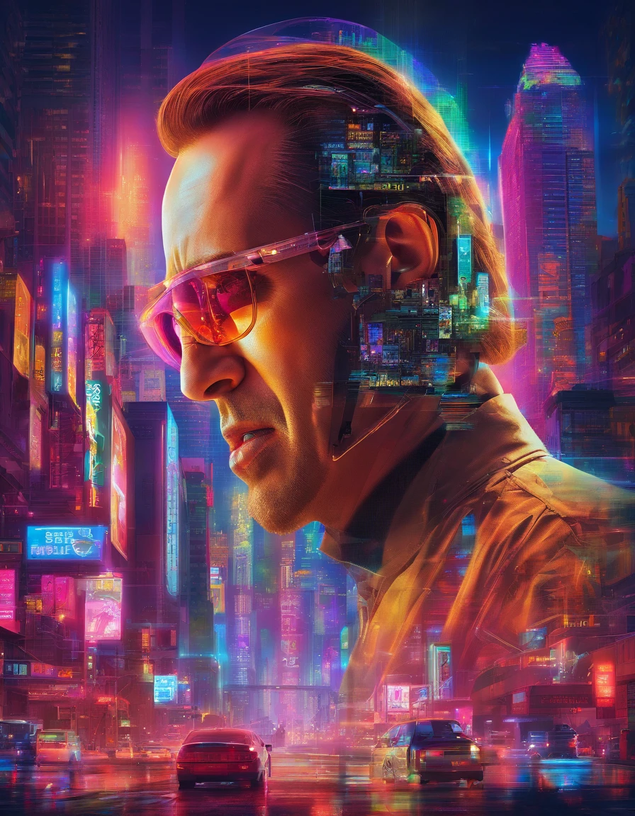 Nicolas Cage,Wearing a translucent holographic helmet,There are projections of text and pictures on it,Close-up of the head,The background is the world of the future,k hd,the detail