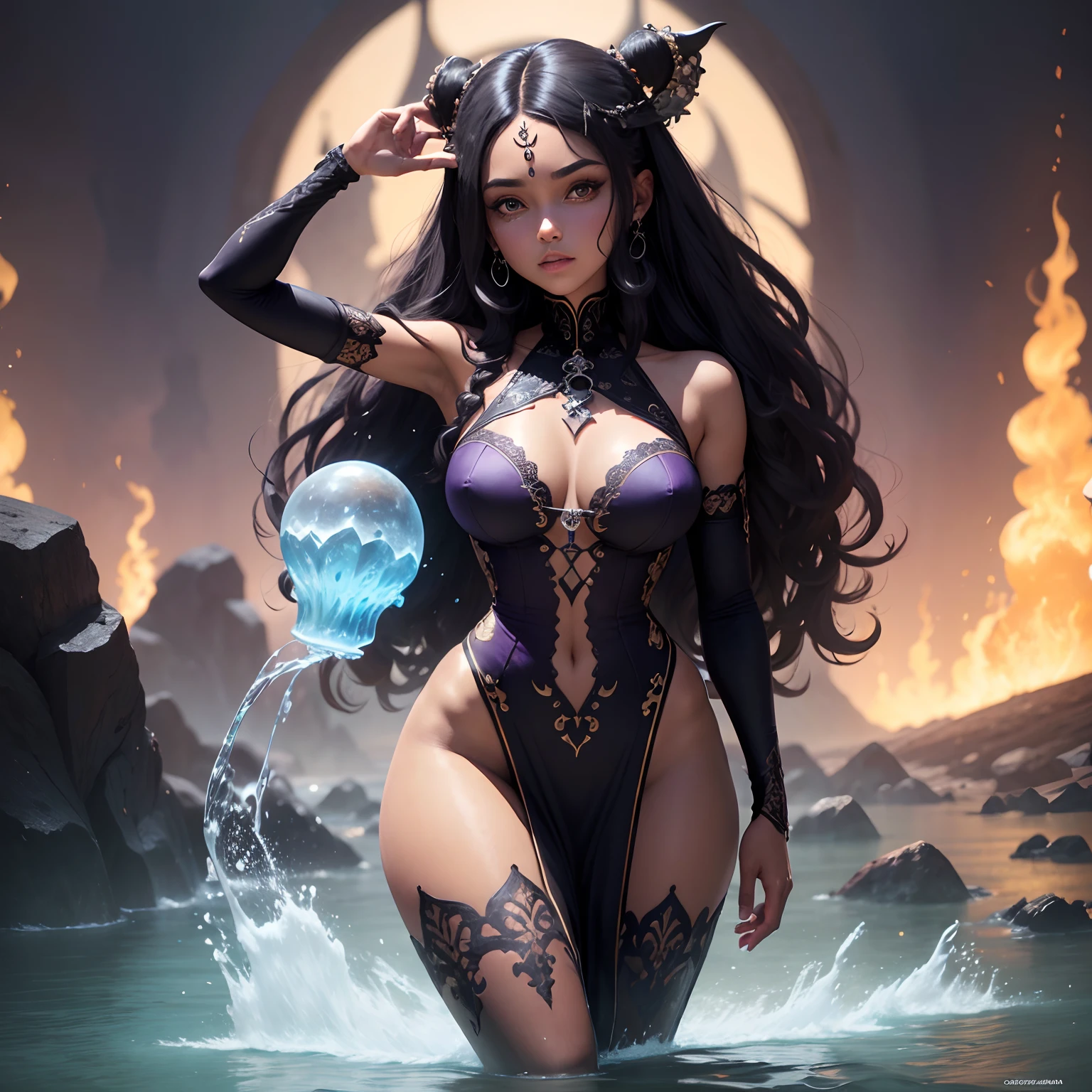 pele+Morena+Dourada+olhos negros, corpo musculoso quadris e coxas realistas, Eighteenth-century style purple lace dress, com cabelo estilo slime , black e maquiagem roxa, half skull half face, sugar skullFaria, half skull face, inspirado em Izzy Medrano, (obra-prima, melhor qualidade: 1.4), (Absurdo, Alto, Ultra Detalhado: 1.2), (1 mulher bonita: 1.4), (usando magia escura: 1.4), magia roxa, playful illustrations, Arte Fractal, imaginative overlays, Fantastic fusion , fantastic scenes, magias evocativas, Elementos+water+Terra+Faria+fogo visuais impressionantes, ao fundo um castelo Ultra detalhista 3D 18K.