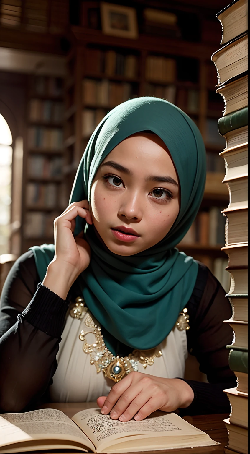 Produce an exceptionally detailed and lifelike scene portraying a young Malay girl, elegantly adorned in a hijab, immersed in a library. Her expression should reflect sheer surprise as magical fairies burst forth from the book she's reading. Strive for impeccable photorealism and an 8K resolution with a dynamic depth of field.