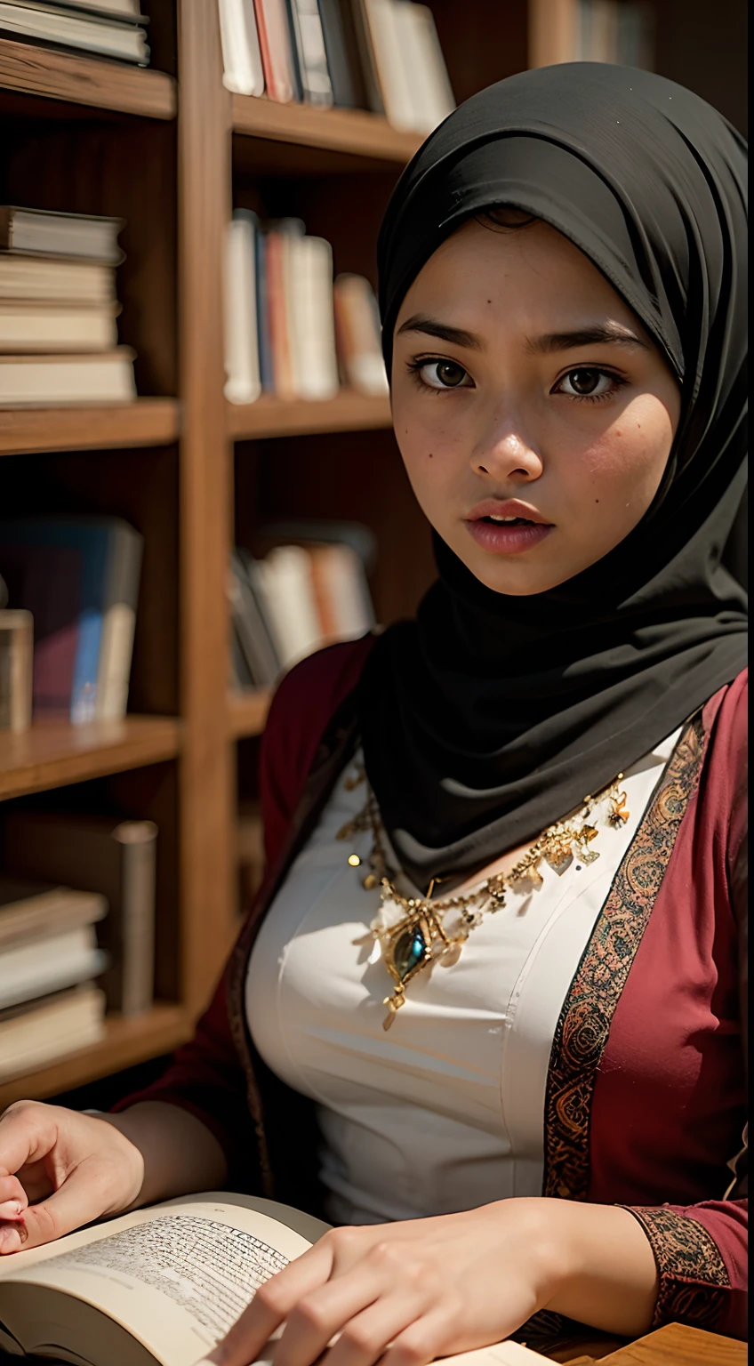 Produce an exceptionally detailed and lifelike scene portraying a young Malay girl, elegantly adorned in a hijab, immersed in a library. Her expression should reflect sheer surprise as magical fairies burst forth from the book she's reading. Strive for impeccable photorealism and an 8K resolution with a dynamic depth of field.