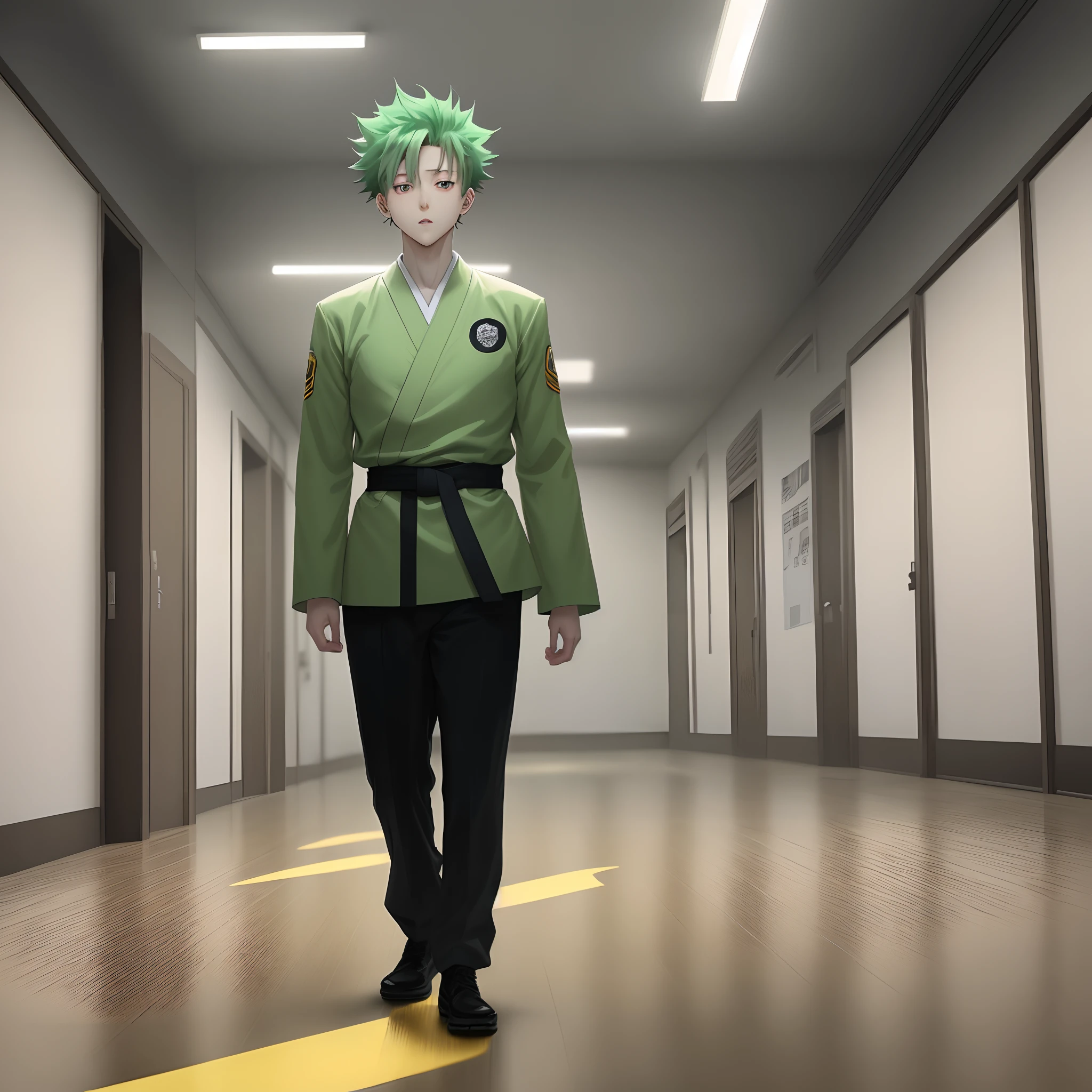 A boy that 4’8 feet tall, pale skin, slightly toned, long neon green hair that touches the floor, golden gray eyes, in the jujutsu Kaisen uniform