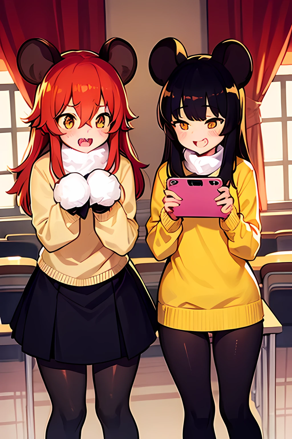 2mouse girls, long fluffy red hair, short fluffy cyan hair, sharp teeth, shy, blushing, hair covers eyes , yellow turtleneck sweater, black tights, yellow eyes, school, student, sisters, using phone