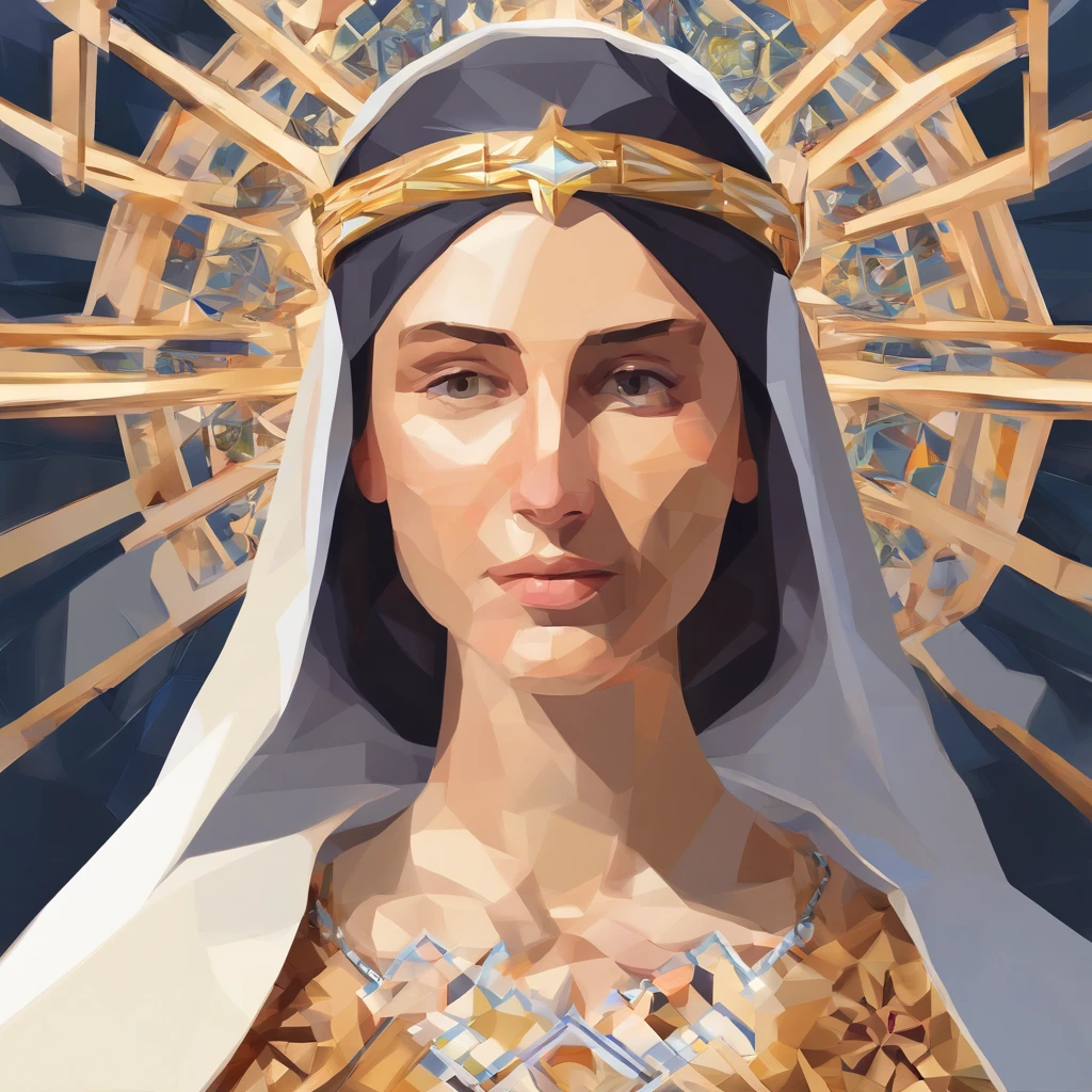 a painting of a woman with a halo on her head, Virgem Maria, Retrato da Virgem Maria, geometrical masterpiece, Arte poligonal, majestosa mulher de santo, arte vetorial altamente detalhada, catholic religious art, Obra-prima, arte magistral e intrincada, santo e belo, queen of heaven, artista desconhecido, arte vetorial, Obra-prima da arte digital, arte digital detalhada