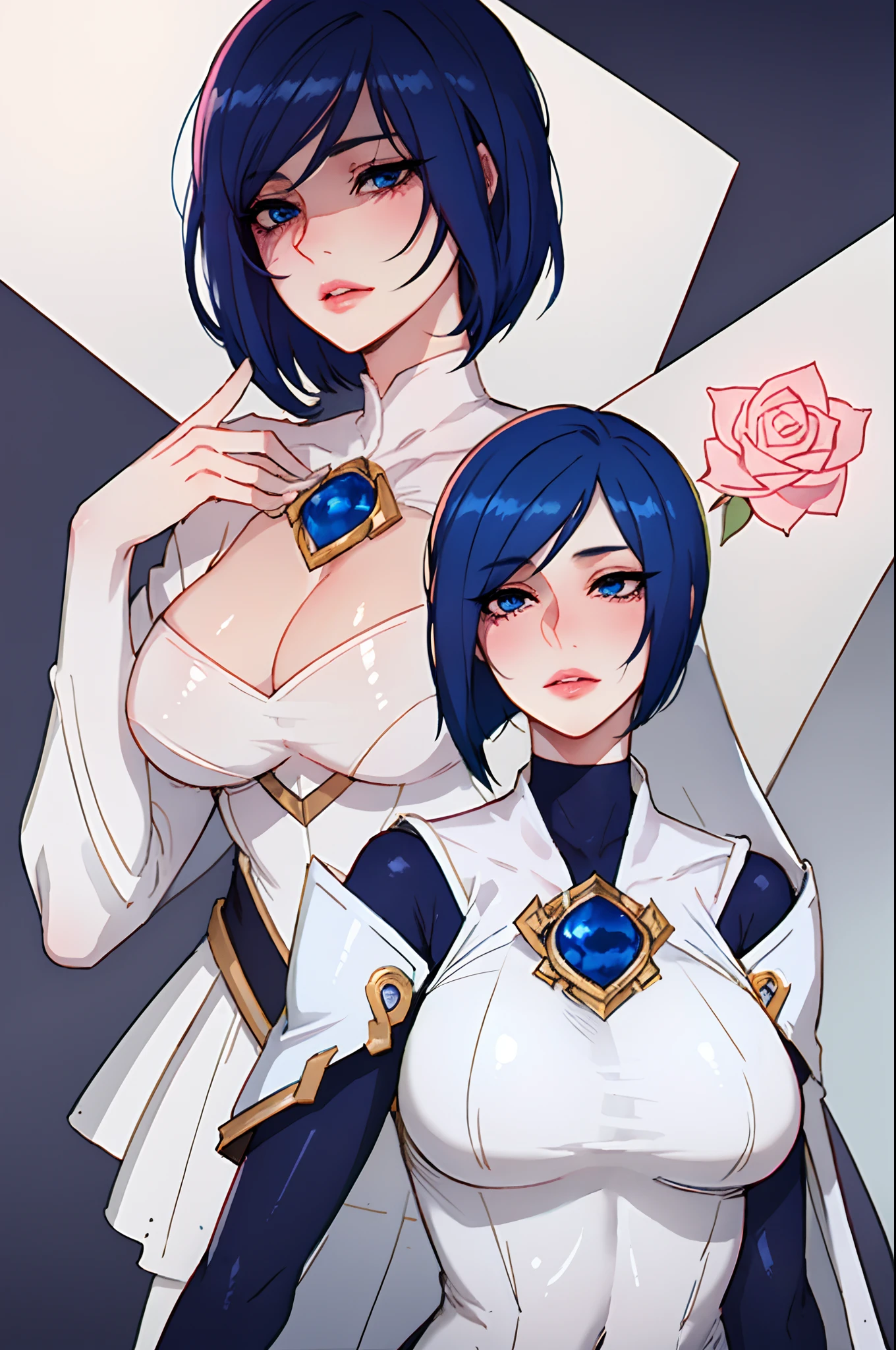 1 girl, Fiora from League of legends, blue eyes, rose lips, pale skin, white navy blue golden suit with navy blue dark leggins, dark bobcut hair with a pink colored bang, master piece, best quality, face portrait