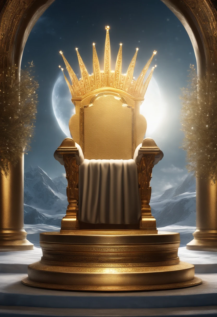 Empty Celestial Throne with a shining, glittering, almost blinding crown with seven diadems one inside the other and a glittering royal robe on the throne of Divine Majesty,Epic clouds and divine lighting,super high resolution, best quality, photo, 8k, ( photorealistic: 1.2), cinematic lighting, beams of light, the crystal throne, golden light (halo: 1.2), masterpiece, best quality, intricate details, snow environment and crystals in the background, portal of the future, 3D light, HD, Magic, God of Light, Backlight, Detailed Face, DREAD, Depth of Field, Soft Lighting, Tone Mapped, Highly Detailed, Concept Art, Soft, Sharp Focus, Dramatic Lighting, Highly Detailed Art, Cinematic, 8K, Amazing Shadows ( highly detailed background: 1.2) , --auto