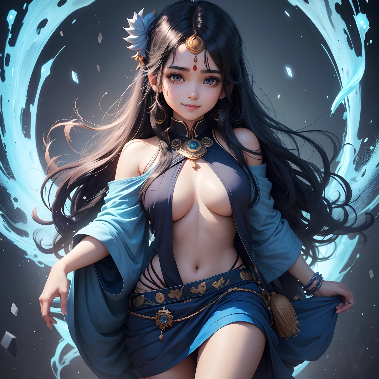 Anime sanatani hindu girl, face: cuteness and smiling with lord Shiva sign on head, eyes: cute and blue colour, clothes: modern clothes blue colour, hair: half black and half blue with best hairstyle, background: dark black, image type: ultra realistic 8k.