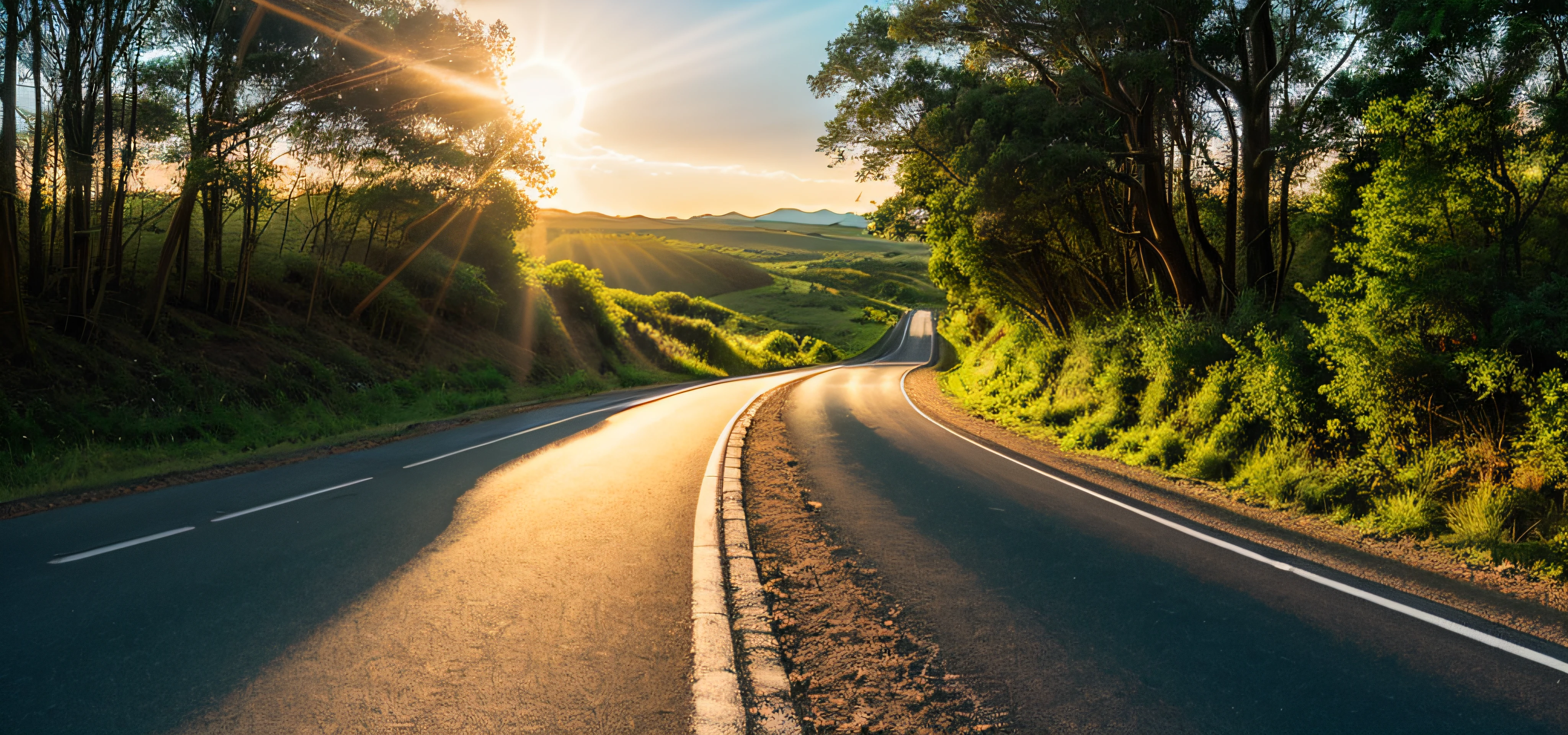 Image of a long and winding road，Bright light leading to the horizon,bright morning，suns rays