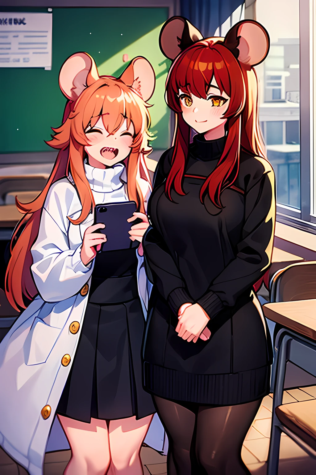 2mouse girl, long fluffy red hair, short fluffy cyan hair, sharp teeth, shy, blushing, hair covers eyes , yellow turtleneck sweater, black tights, yellow eyes, school, student, sisters
