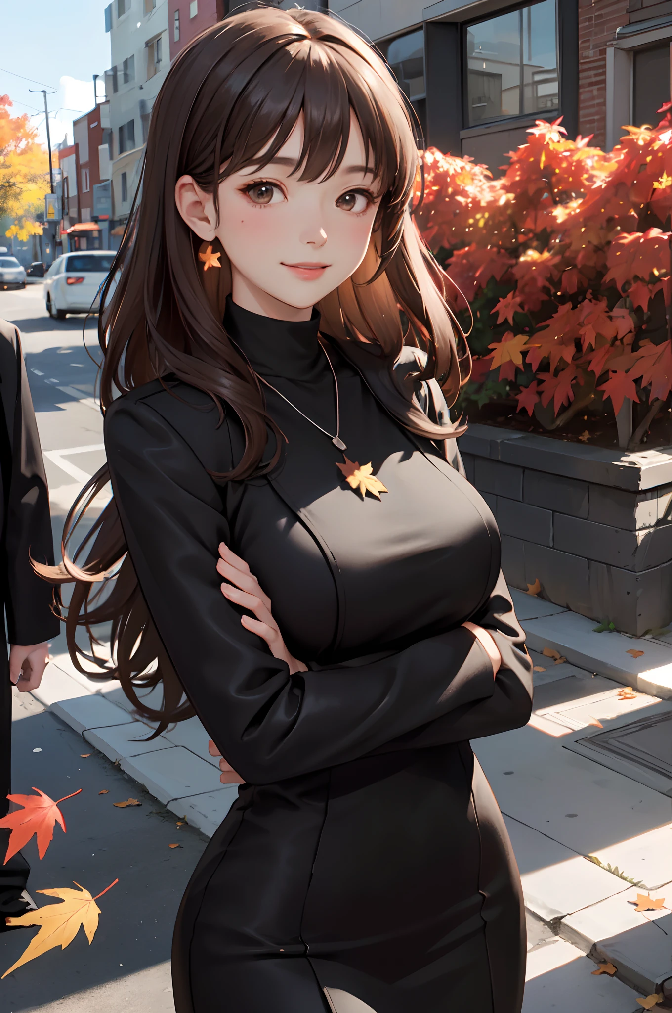 1lady standing, mature female, /(pencil dress/) /(black dress/) necklace, /(jacket on shoulder/), /(brown hair/) bangs, blush kind smile, (masterpiece best quality:1.2) delicate illustration ultra-detailed, large breast, arms down BREAK /(streets of Canada/), maple fallen leaves, detailed background