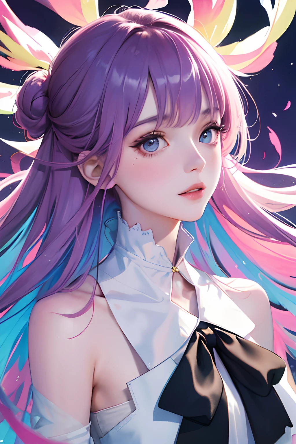 (8K, Best Quality, masutepiece:1.2),(Best Quality:1.0), (超A high resolution:1.0), watercolor paiting, Beautuful Women, Shoulder, tress ribbon, Authors：agnes cecile, half-body portrait, extremely luminous bright design, Pastel colors, (inky:1.3), autumn lights,
