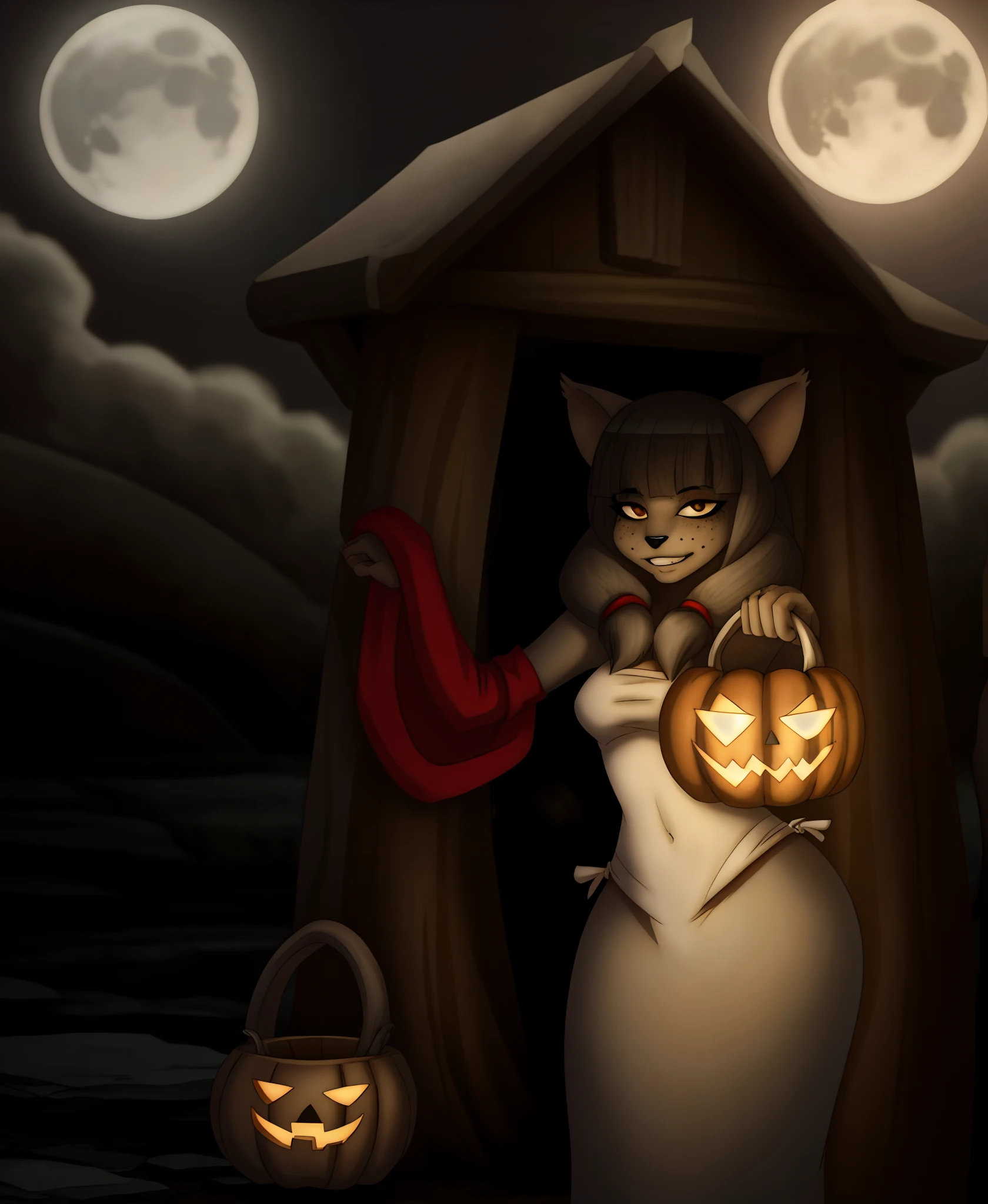 1girl, dark skin, cat ears, bangs, long hair, freckles, full body, detailed background, a moonlit Halloween night with an enchanting atmosphere, a black cat dressed as a witch, (her sleek fur blending perfectly with the darkness), playfully teasing with every twist and turn, as she ventures from house to house, she embraces the spirit of "trick or treat" with a mischievous gleam in her eyes,