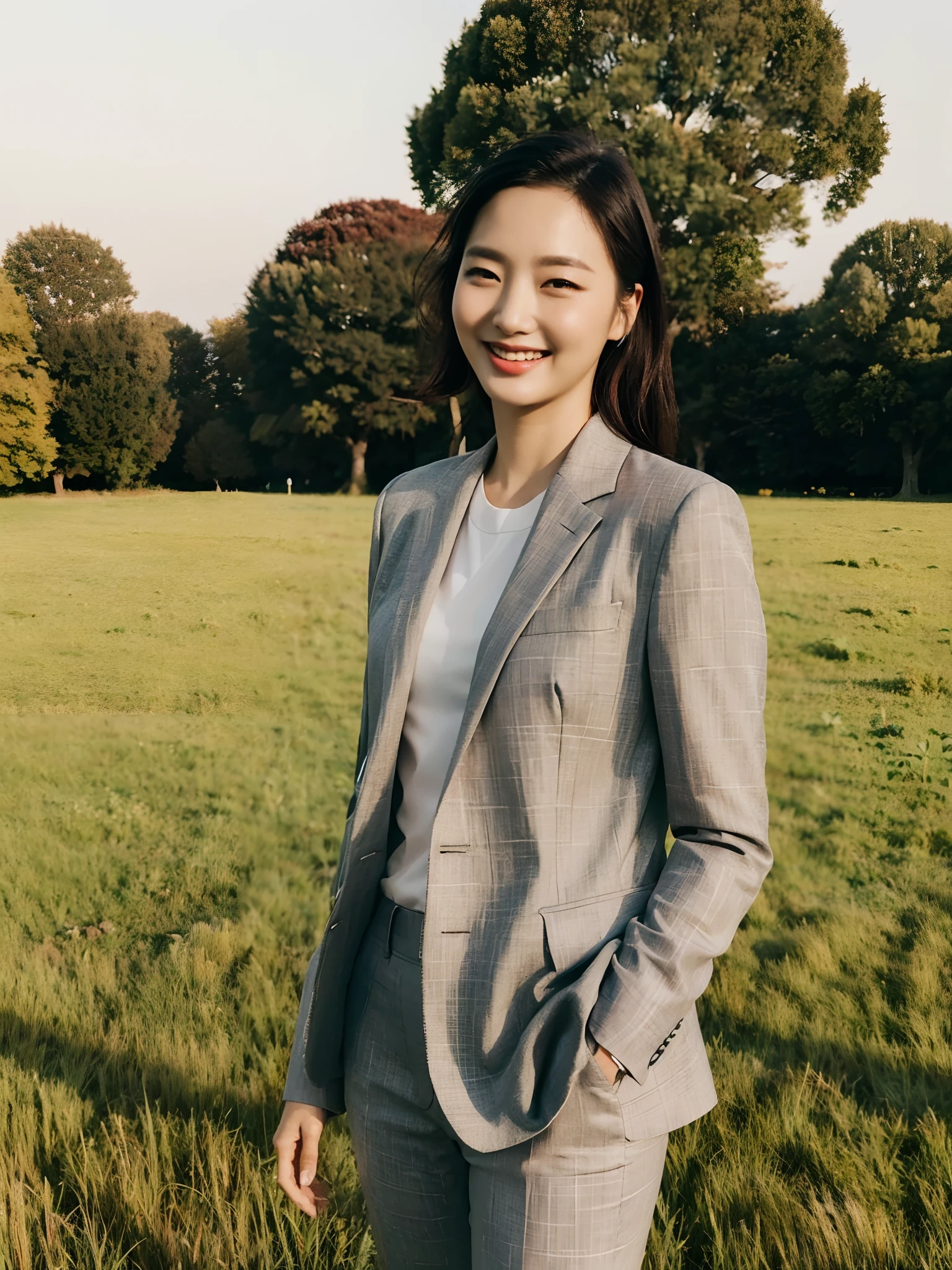 KGEun, wearing a grey suit with a black shirt, standing in a field smiling, (8k, RAW photo, best quality, masterpiece:1.2), (realistic, photo-realistic:1.37), professional lighting, photon mapping, radiosity, physically-based rendering
