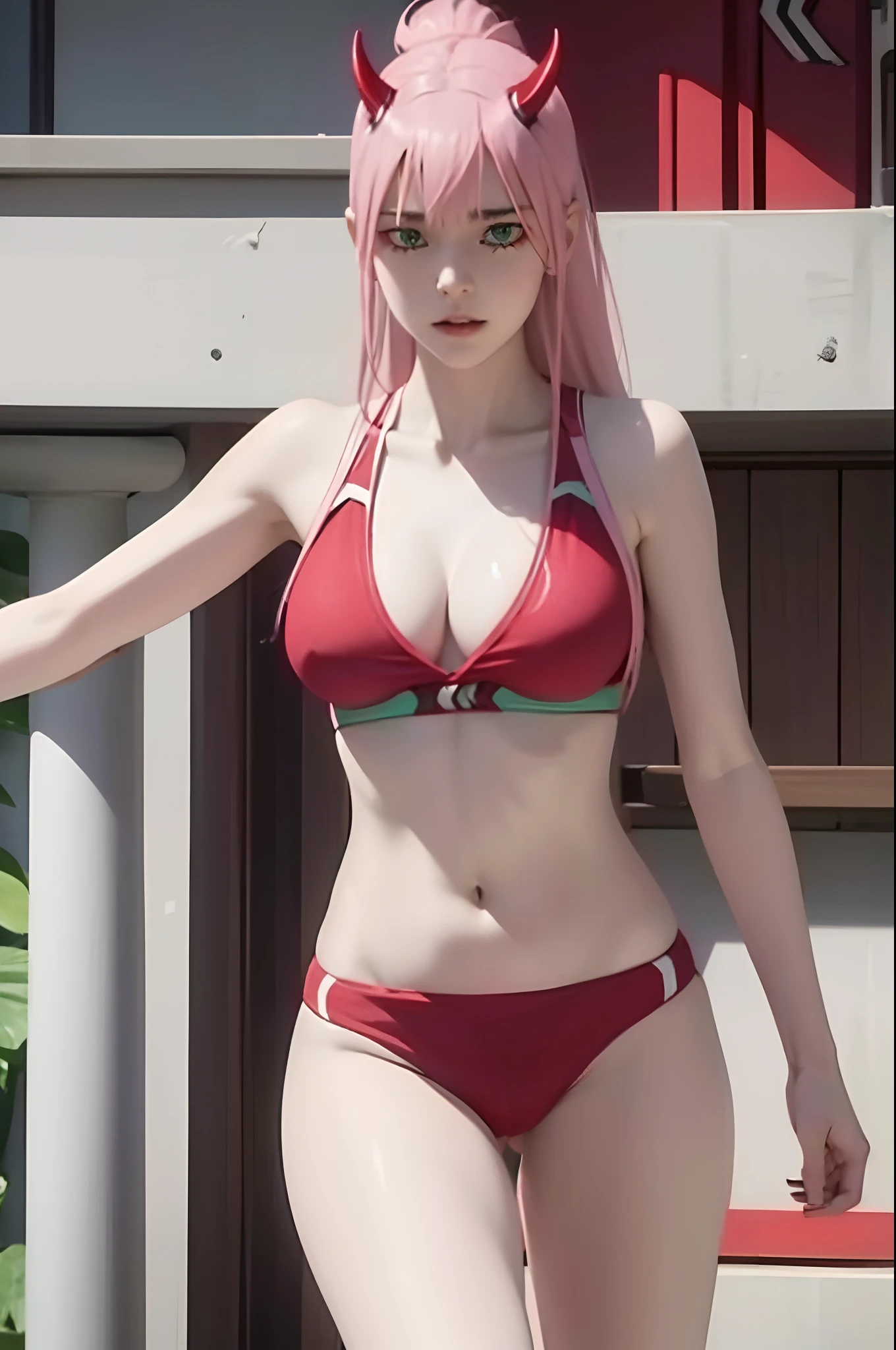 Beautiful ager with 2 red horns, pink hair, green eyes, beautiful tight bikini, running woman with electric powers.