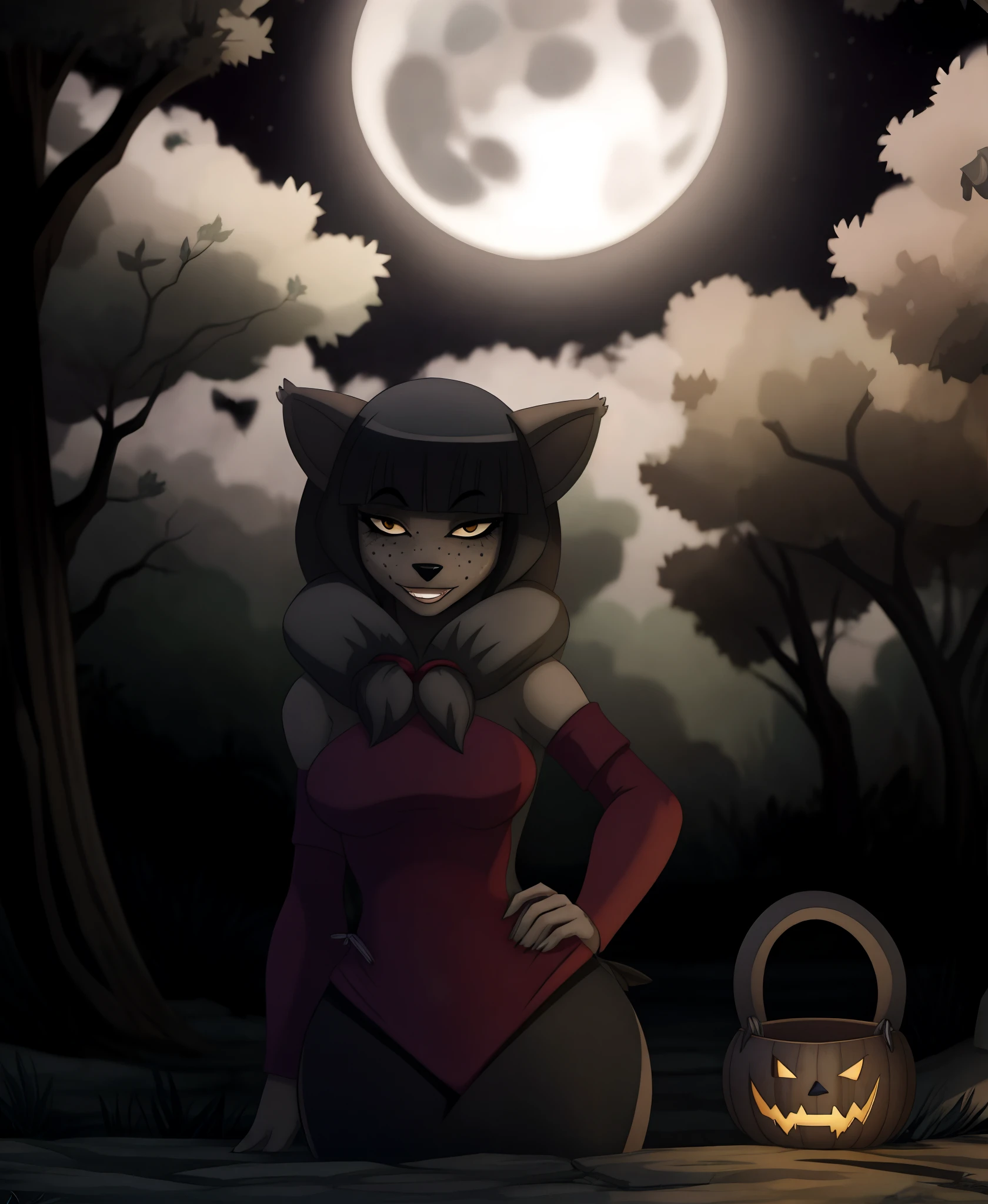 1girl, dark skin, cat ears, bangs, long hair, freckles, full body, detailed background, a moonlit Halloween night with an enchanting atmosphere, a black cat dressed as a witch, (her sleek fur blending perfectly with the darkness), playfully teasing with every twist and turn, as she ventures from house to house, she embraces the spirit of "trick or treat" with a mischievous gleam in her eyes,