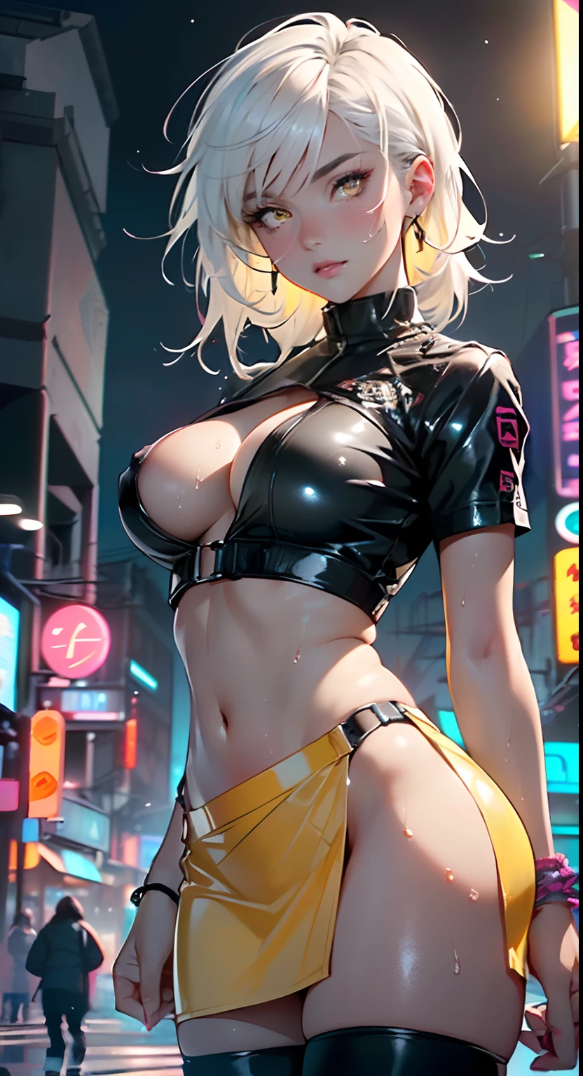 dark skin,very dark skin,dark_skin,
girl rave,(((1girl))),((girl with extremely cute and beautiful white hair)),

(large breasts:1.4),saggy breasts,(((white hair:1.35,straight hair,long hair:1.4,colored inner hair,ear breathing))),(((very light yellow eyes:1.3))),intricate eyes,beautiful detailed eyes,symmetrical eyes,((fat)),((((black girl,black skin,dark-skinned_female,dark skin:1.3,ebony skin,lustrous skin:1.5,bright skin: 1.5,shiny skin,very shiny skin,shiny body,plastic glitter skin,exaggerated shiny skin,shiny skin like ebony,illuminated skin, wet legs))),(spider lower abdomen,narrow waist,wide hip,athletic body,inflated legs,delicate detailed fingers,detailed body,human hands,(detailed face)),

cute,slutty,seductive,erotic,(((nsfw))),

zettai ryouiki,revealing clothing,show skin,((rave shirt with an yellow print,rave mini-skirt,visible thong straps)),(wearing a rave outfit:1.3,rave clothes,semi-naked,with little clothing),((wet clothes,intricate outfit,intricate clothes)),


(dynamic pose:1.0),solo focus,embarrassed,(centered,scale to fit dimensions,Rule of thirds),

cyberpunk city by the ocean at night, with bright neon signs and dark stormy clouds and puddles, scenery:1.25,

highres, sharp focus, (ultra detailed, extremely detailed), (photorealistic artwork:1.37),(extremely detailed CG unity 8k wallpaper),((synthwave background theme)),(((vibrant colors))),(intricate background),(masterpiece),(best quality),