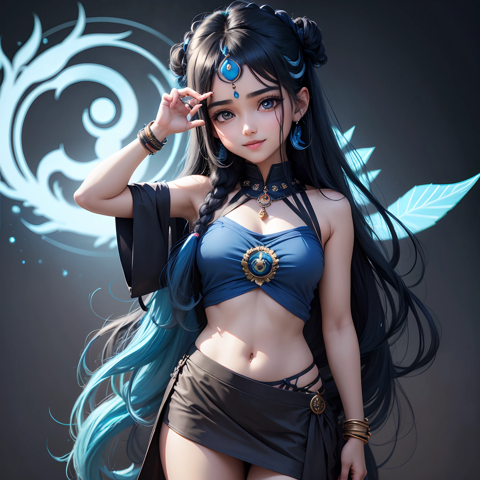 Anime sanatani hindu girl, face: cuteness and smiling with lord Shiva sign on head, eyes: cute and blue colour, clothes: modern clothes blue colour, hair: half black and half blue with best hairstyle, background: dark black, image type: ultra realistic 8k.