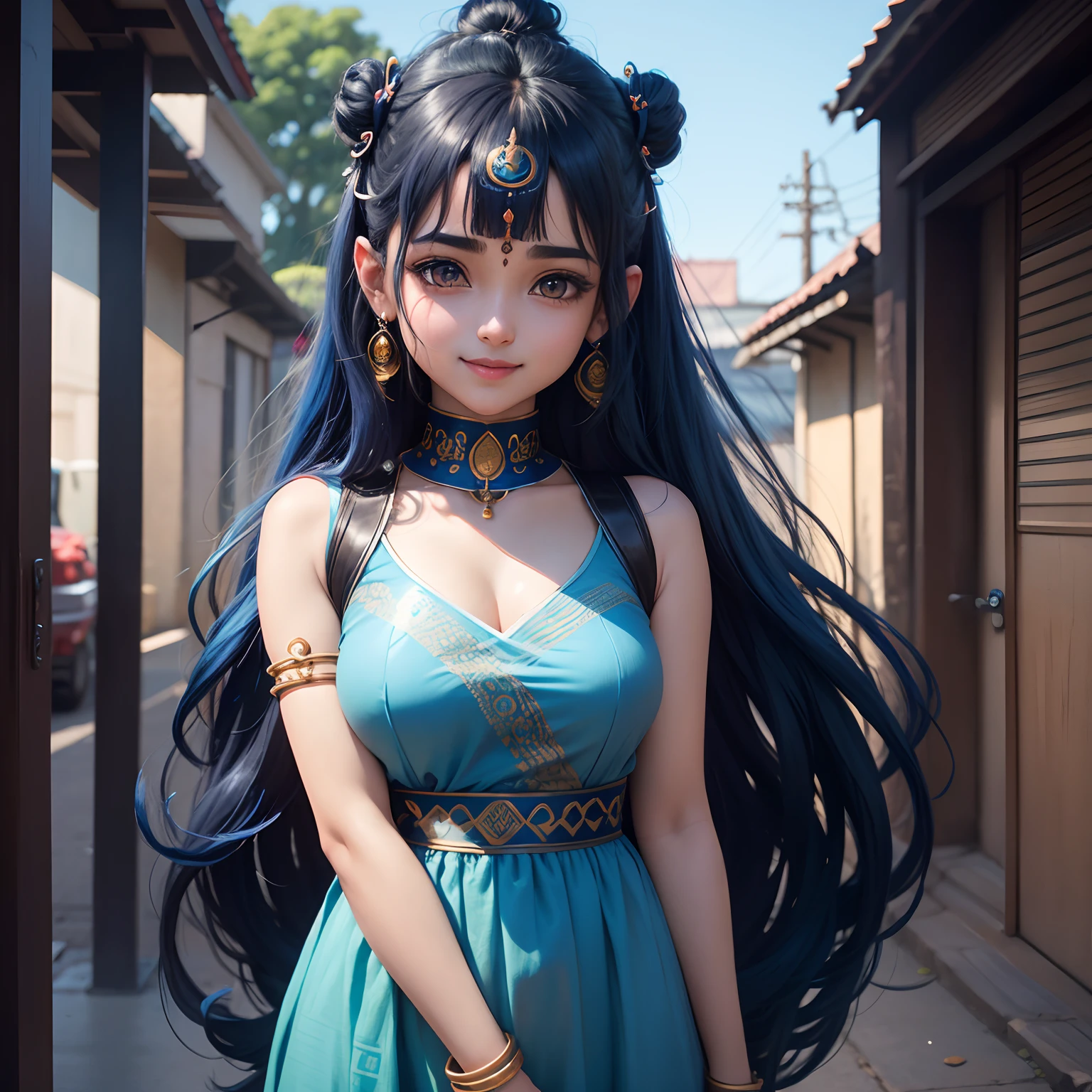 Anime sanatani hindu girl, face: cuteness and smiling with lord Shiva sign on head, eyes: cute and blue colour, clothes: modern clothes blue colour, hair: half black and half blue with best hairstyle, background: dark black, image type: ultra realistic 8k.