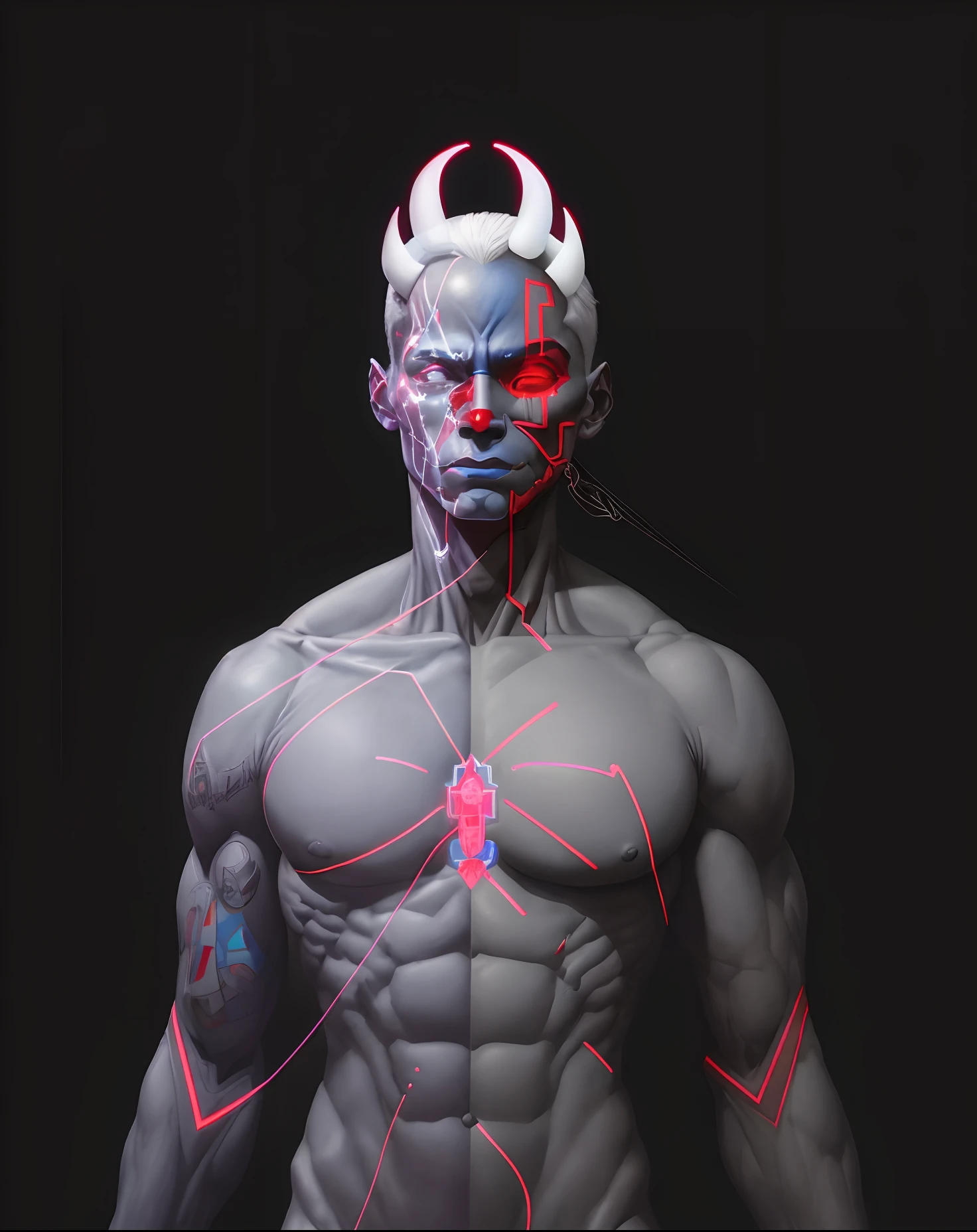 homem arafed com linhas cor-de-rosa no peito e peito, Fit male demon with white horns, Cybernetic body parts, satanic body, human male demon, arca album cover, homem com linhas finas no rosto, retrato da anatomia, portrait demon half human, demon male, Beeple e James Jean, pele de espalhamento subsuperficial, man male demon