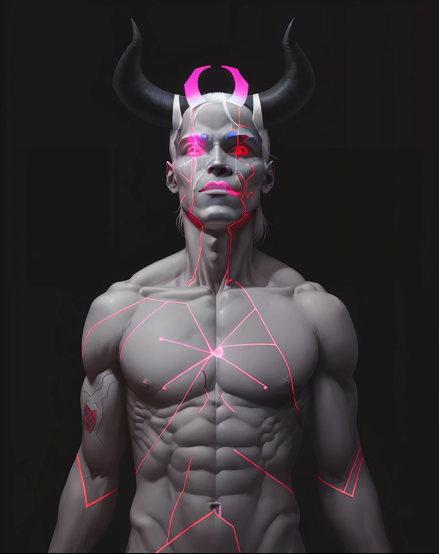homem arafed com linhas cor-de-rosa no peito e peito, Fit male demon with white horns, Cybernetic body parts, satanic body, human male demon, arca album cover, homem com linhas finas no rosto, retrato da anatomia, portrait demon half human, demon male, Beeple e James Jean, pele de espalhamento subsuperficial, man male demon