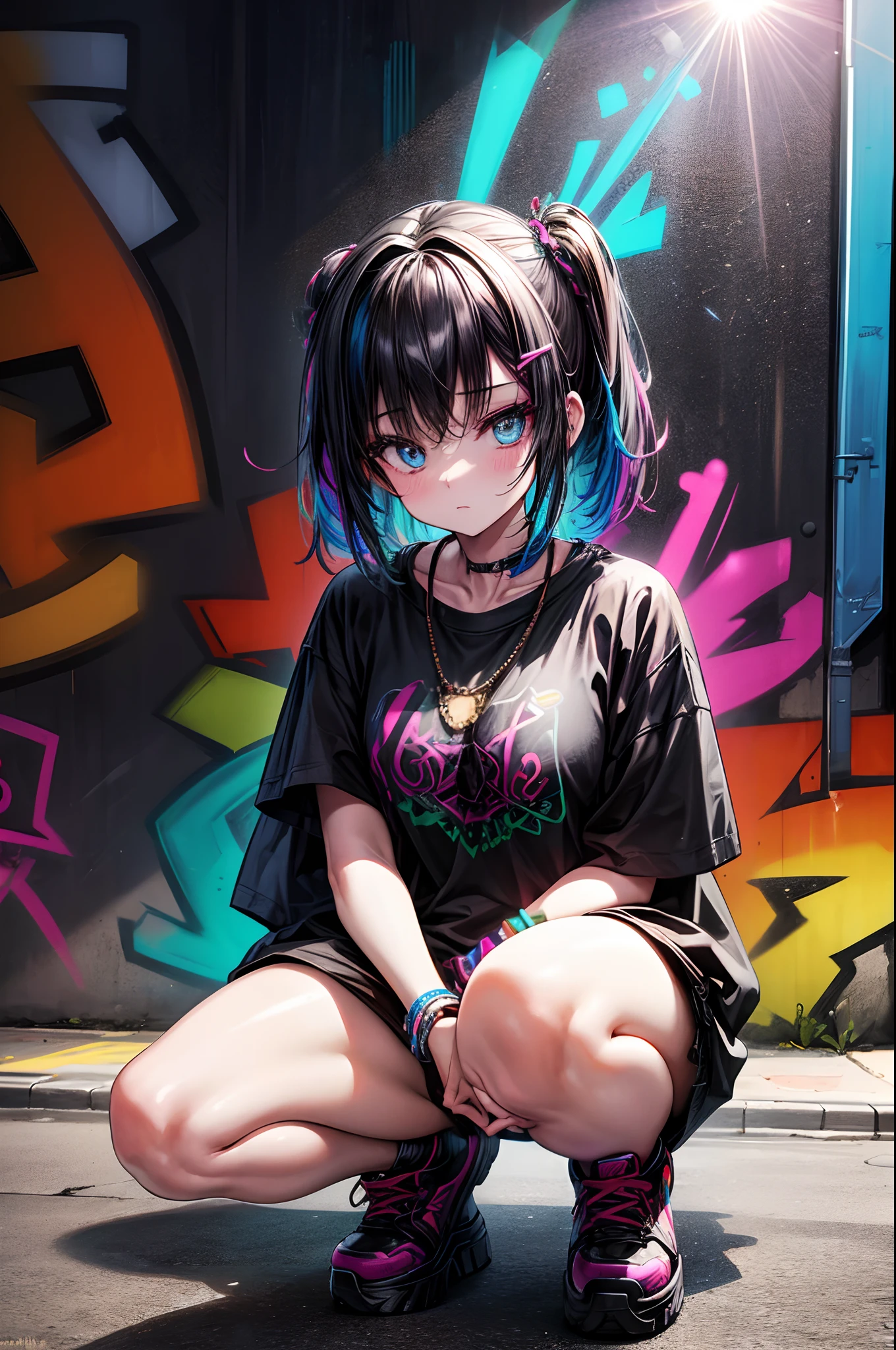 absurdres, highres, ultra detailed, (1 girl:1.3)
1 colorful girl, (oversized T-shirt:1.2), vibrant patterns, layered look, ripped jeans, platform sneakers, chunky necklace, bold makeup
BREAK
backlit, (lens flare:1.3), neon lights, graffiti wall, street art, psychedelic colors, surrealistic vibe, edgy style, ultra detailed, best quality,
Illustrate an artist at work, revealing their creative process, focus, and passion for their craft.