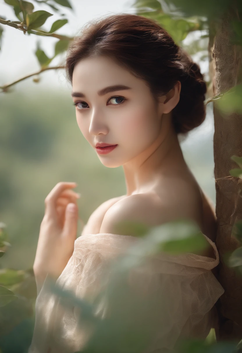 (best quality, 8k, highres, masterpiece:1.2), Drawing a、ultra-detailliert、Delicate details、beautidful eyes、Natural Color Lip、Transparent skin、Beautiful lashes、simple background、Natural light、landscapes、expressioness、the pose、point of view。