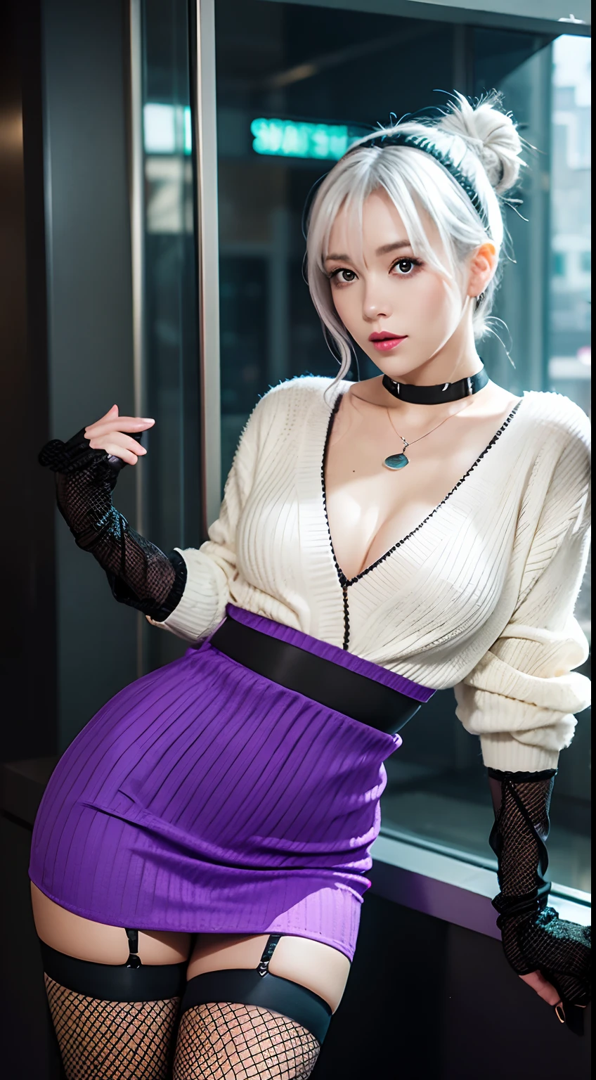 {{masutepiece}}, {{Best Quality}}, rainy day, Cityscape, in the cyberpunk city, Cityscape, Huge_filesize, wall-paper, girl, Medium Hair, White hair, Wavy Hair, hair-bun, hair pin, purple hairband, Beautiful detailed eyes, sweater dress, Ribbed sweater, Miniskirt, {sexy lingerie}, {Transparent underwear}, {stormy}, Fishnet stockings, knee_long boots, Necklace, Black Choker , half gloves , fingerless_mitts, Skirt lift,sexypose、