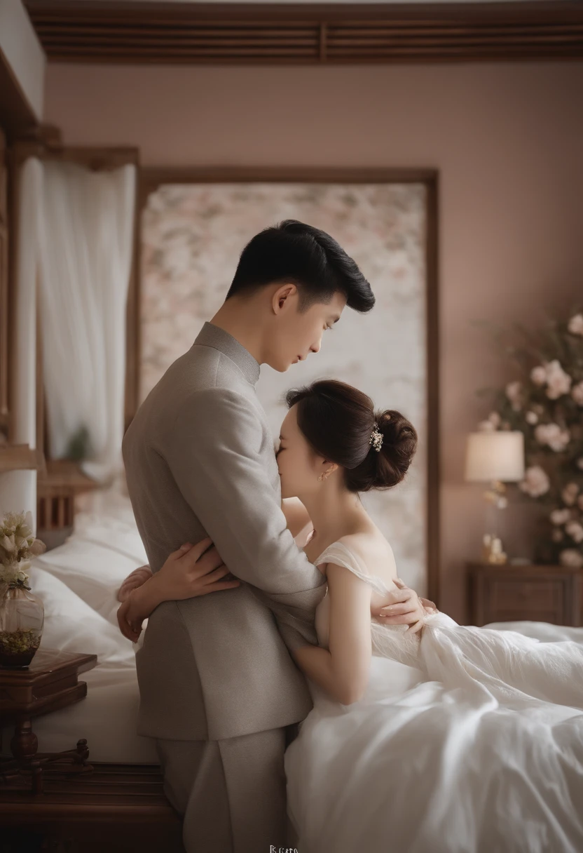 Please create an image of a Chinese couple lying in bed in love. Images should be in a realistic format,And use a palette of pastel and neutral pastel colors. High quality renovated room, Make sure the image is on the right,And the couple's body, including legs, Arms, and head, Fully Visible,No blemishes or cuts."