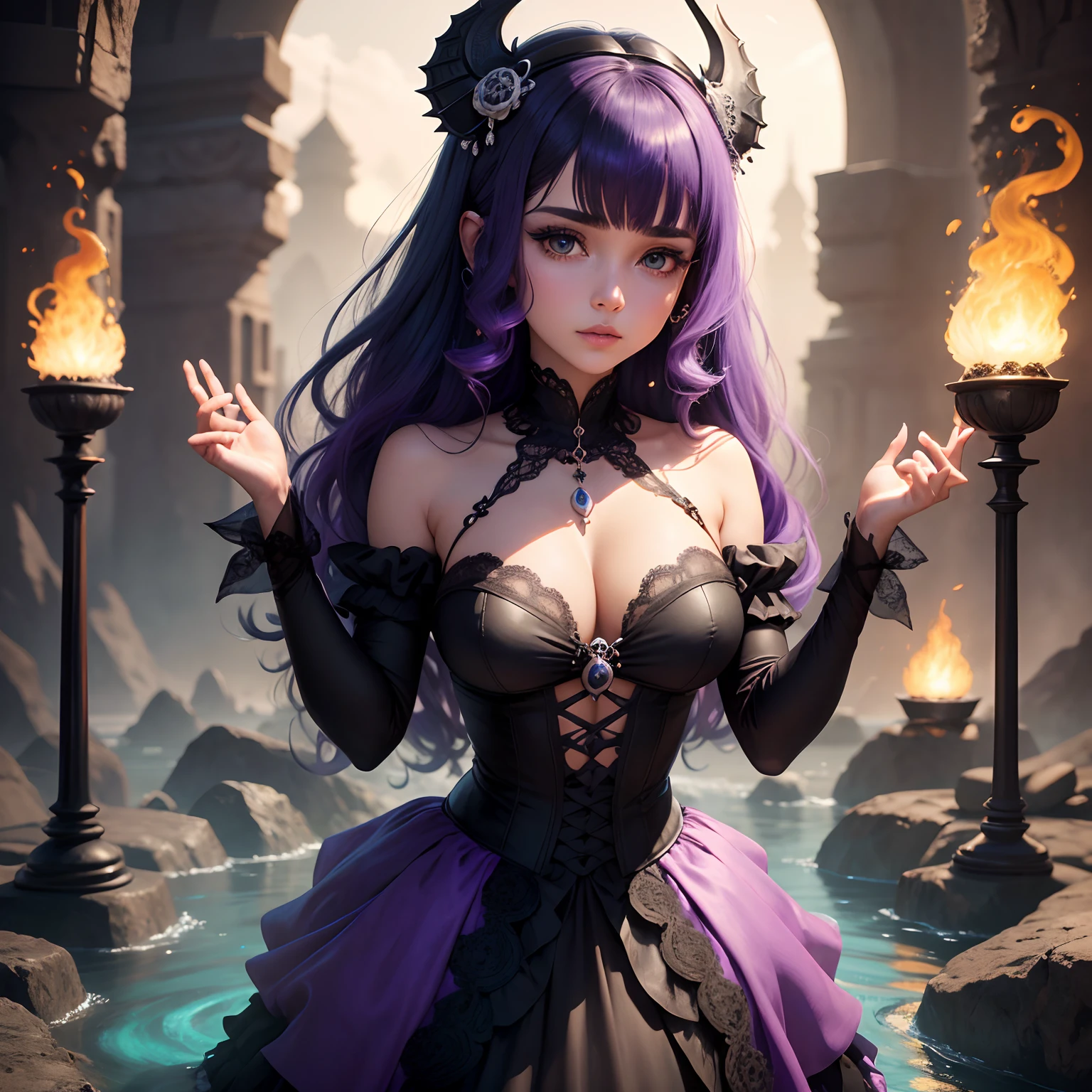 (((Deusa imortal))) olhos negros, corpo musculoso quadris e coxas realistas, Eighteenth-century style purple lace dress, com cabelo estilo slime , black e maquiagem roxa, half skull half face, sugar skullFaria, half skull face, inspirado em Izzy Medrano, (obra-prima, melhor qualidade: 1.4), (Absurdo, Alto, Ultra Detalhado: 1.2), (1 mulher bonita: 1.4), (usando magia escura: 1.4), magia roxa, playful illustrations, Arte Fractal, imaginative overlays, Fantastic fusion , fantastic scenes, magias evocativas, Elementos+water+Terra+Faria+fogo visuais impressionantes, ao fundo um castelo Ultra detalhista 3D 18K.