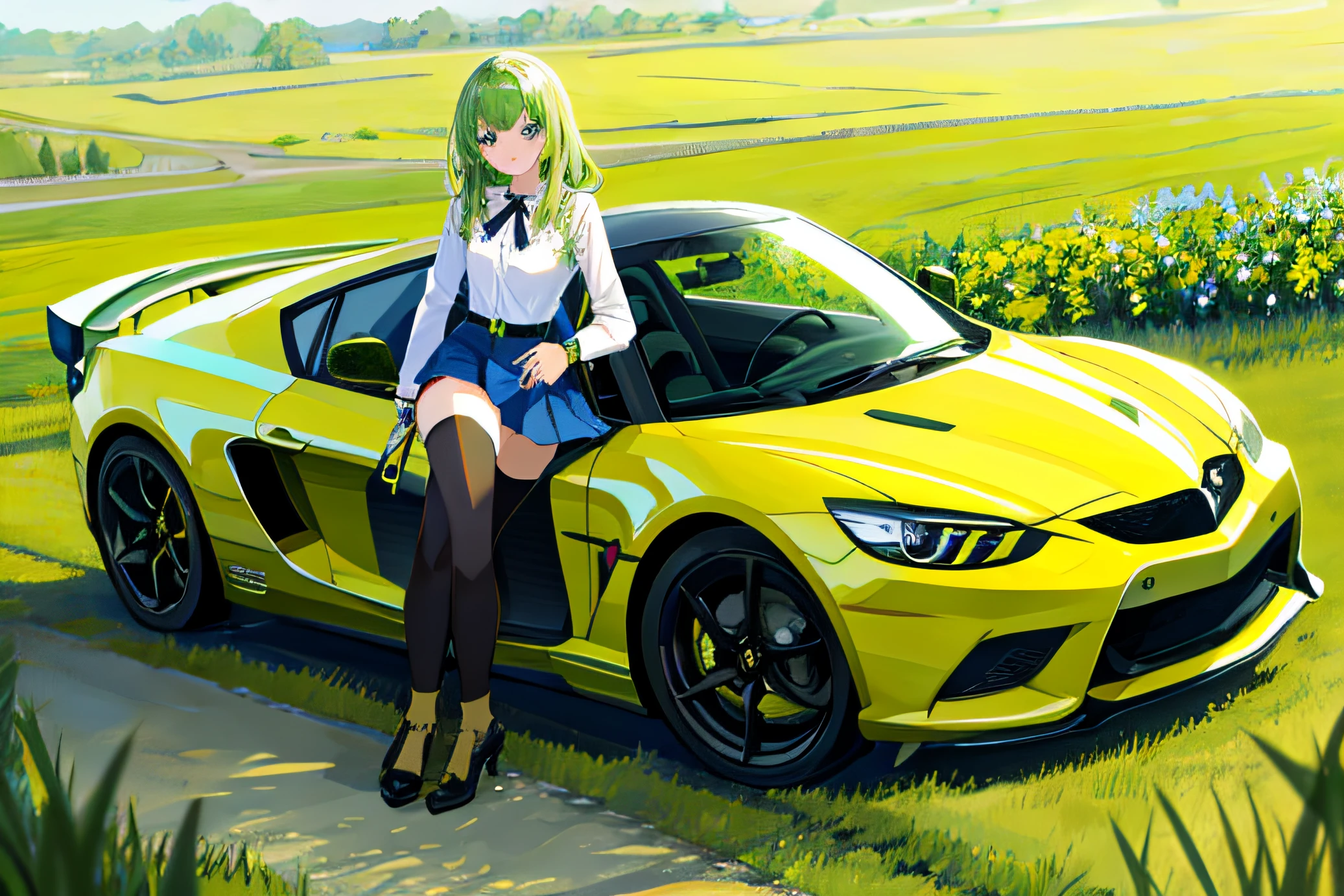 motor car、glitters、girl with、Ride on、green grass、Bolides、beautiful thigh