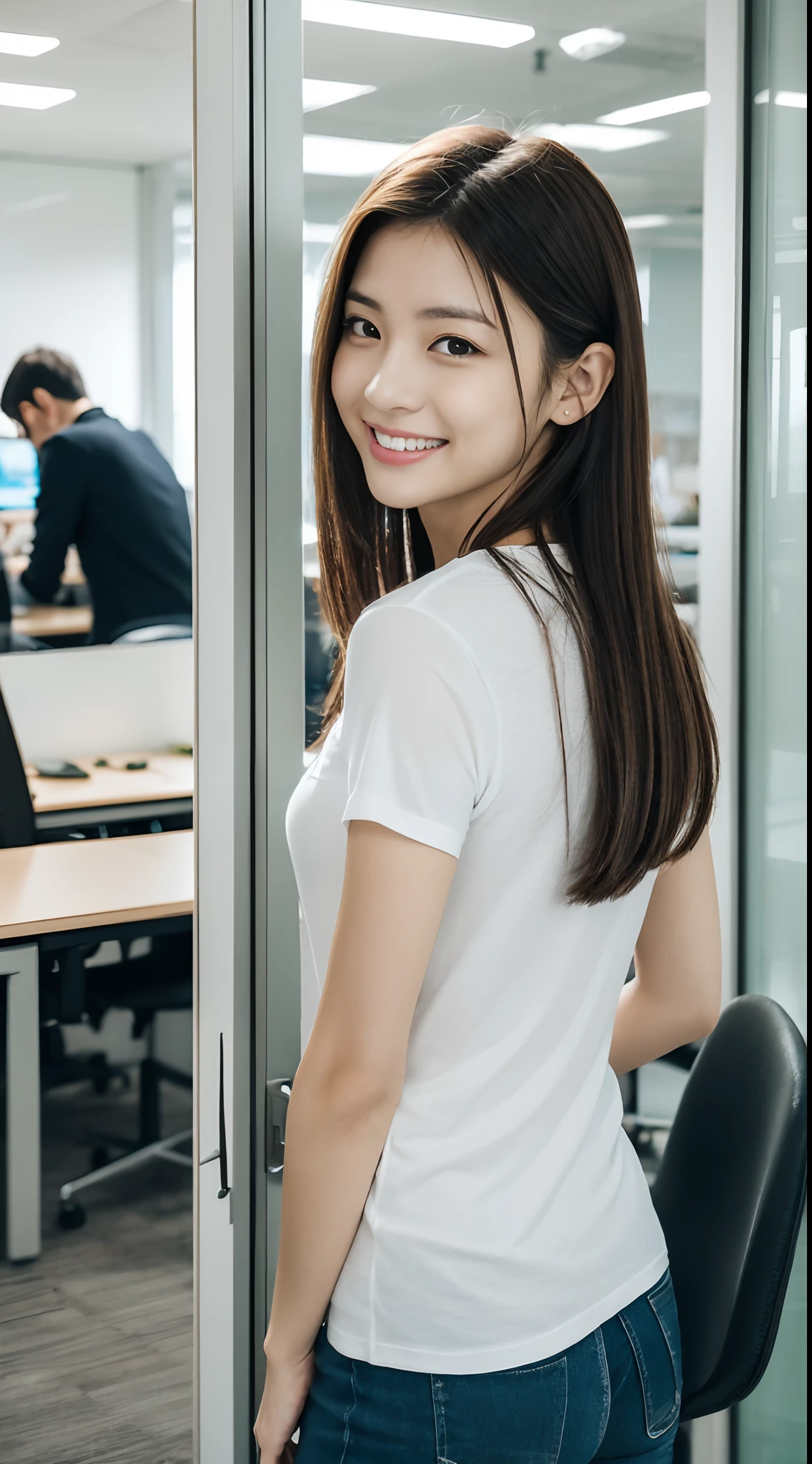 masutepiece, Best Quality, 超A high resolution,(photographrealistic:1.4) (depth of fields),(Lens Glow) , White T-shirt under jacket:1.5、Inside the office:1.5、a Pretty Japanese woman:1.5、officeworker、smil、JINS:1.3、nice butt