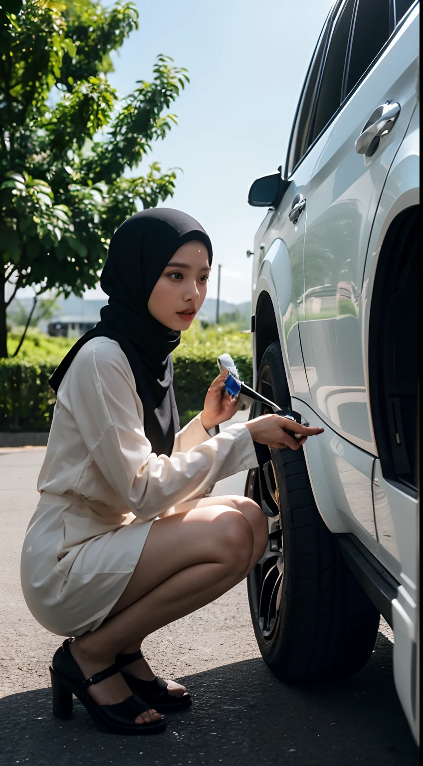 Imagine an ultra-realistic scene: a modern malay hijab woman in casual attire meticulously cleaning the rims of a luxurious car on a sunny day. The reflection of the surrounding environment should shimmer on the car's surfaces, highlighting the blend of nature and luxury.