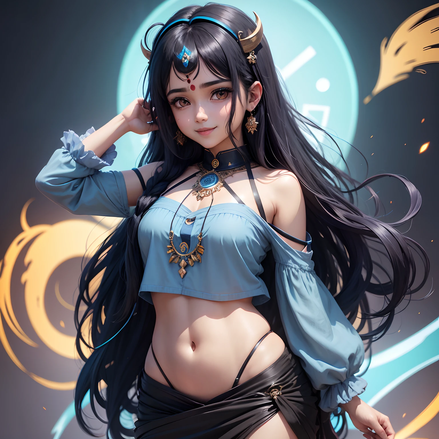 Anime sanatani hindu girl, face: cuteness and smiling with lord Shiva sign on head, eyes: cute and blue colour, clothes: modern clothes blue colour, hair: half black and half blue with best hairstyle, background: dark black, image type: ultra realistic 8k.