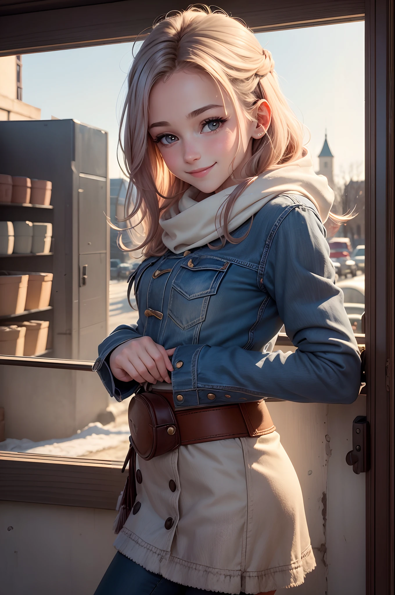 (Matin), 1fille, solo, Regardez le public, hiver, Tir de cowboy, (centre-ville), Tir de cowboy, sourire, cheveux noirs