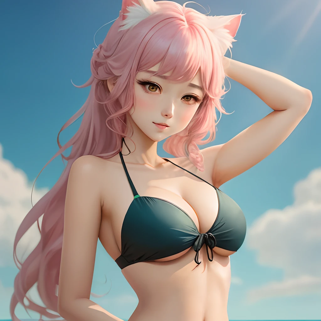 Hot anime girl, Big boobs, small bikini, blushing, cat ears hair